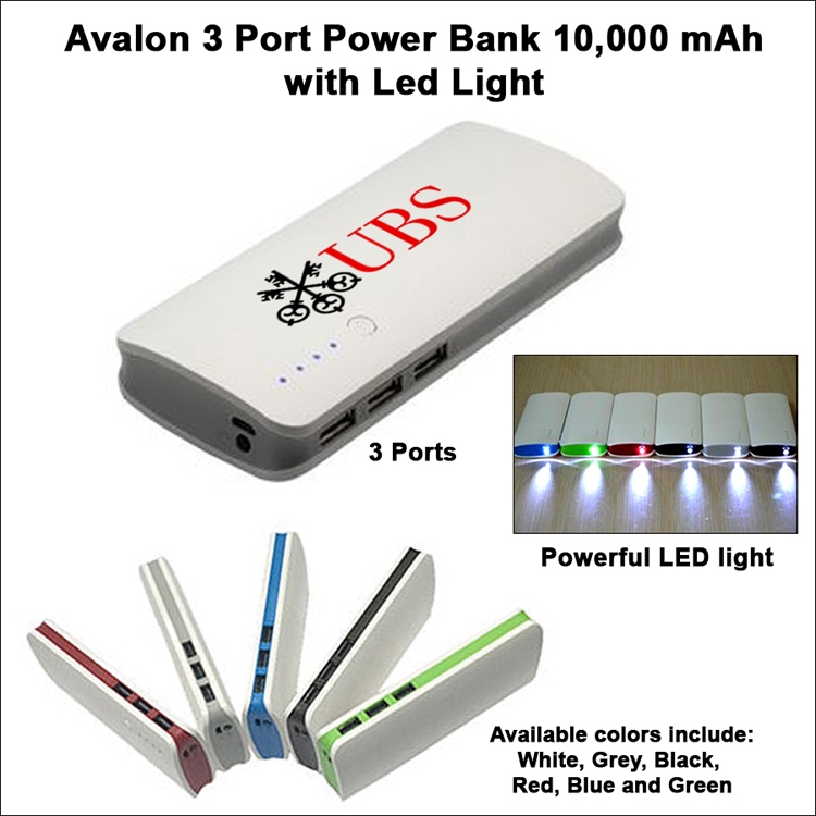 Avalon 3 Port Power Bank with LED Light 10000 mAh