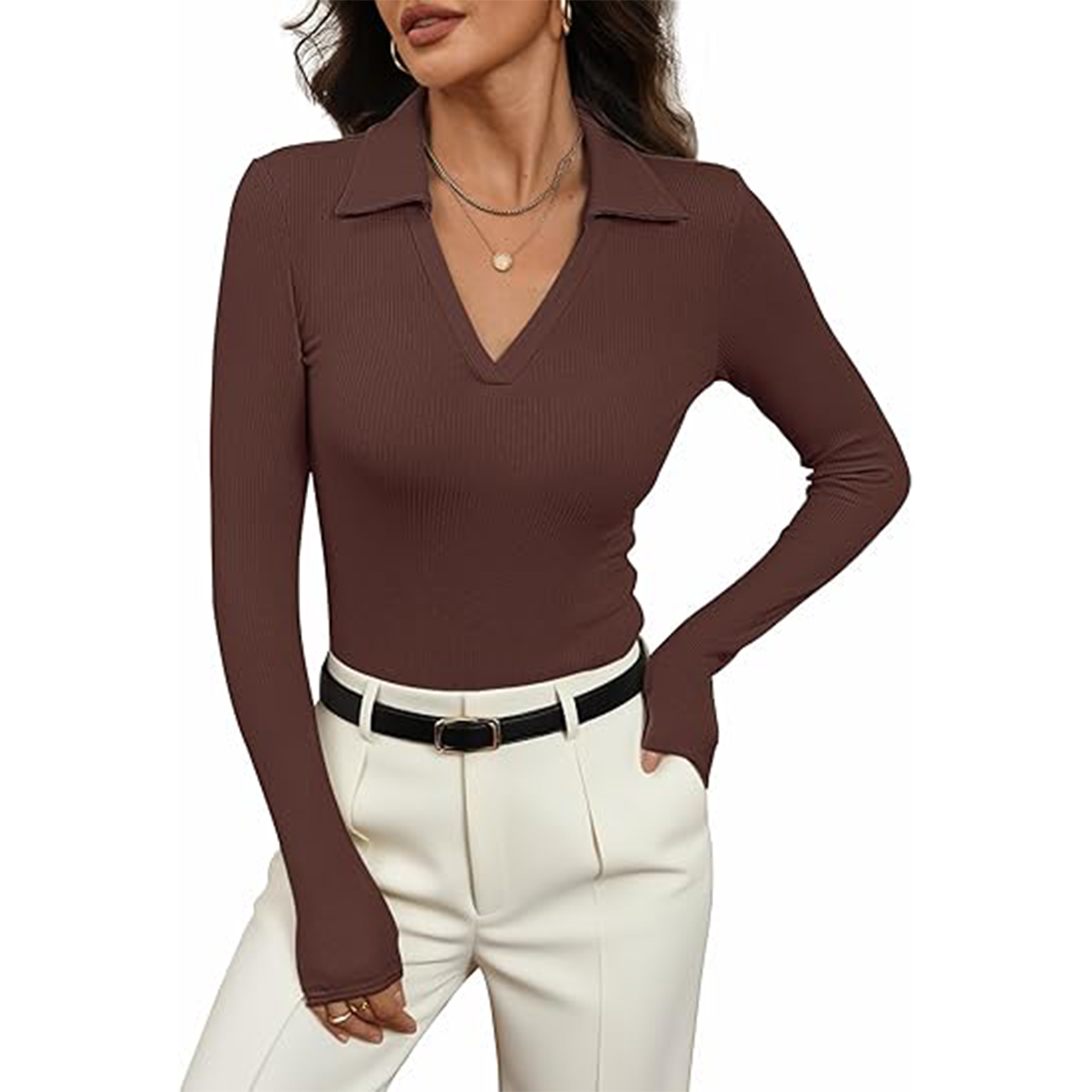 Women Long Sleeve V Neck Polo Shirt 3