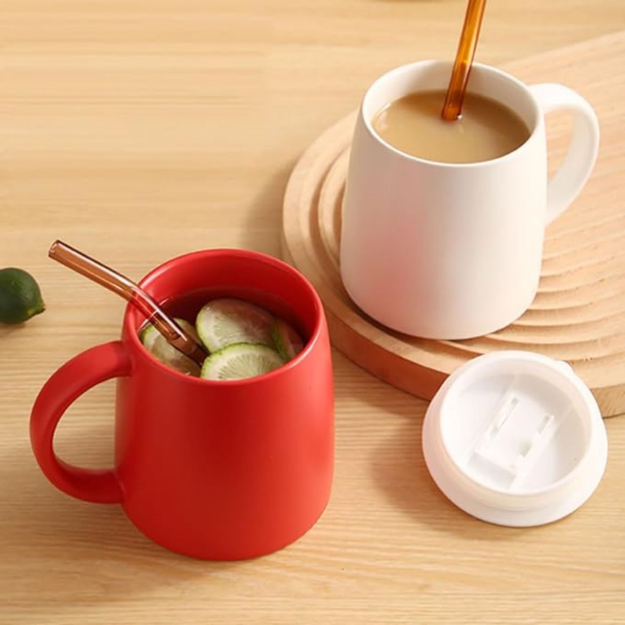 13.5 oz Round Simple Ceramic Mug with Lid and Straw 4