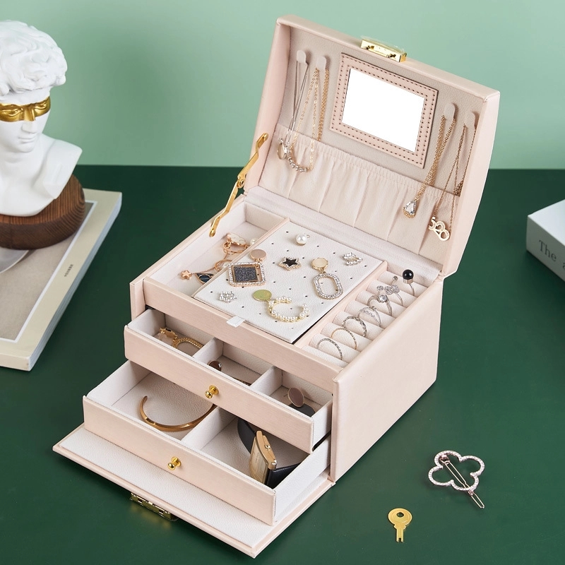 Custom 3-Layer PU Jewelry Organizer Box with Mirror / Hook 4