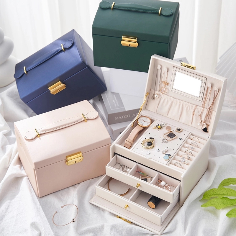 Custom 3-Layer PU Jewelry Organizer Box with Mirror / Hook 15