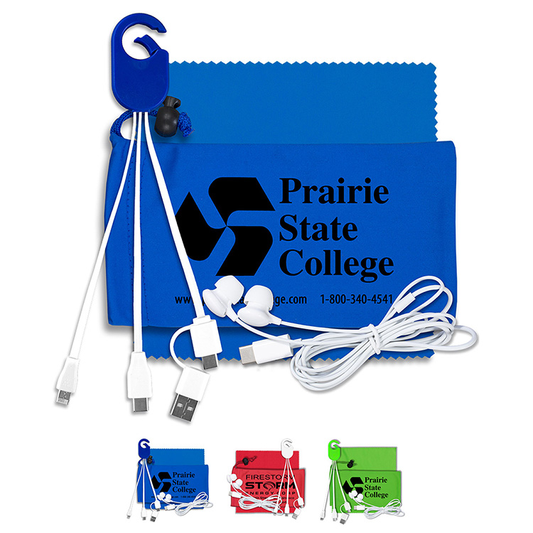 Mobile Tech Charging Kit with Earbuds in Microfiber Cinch Pouch Components inserted into Microfiber 5