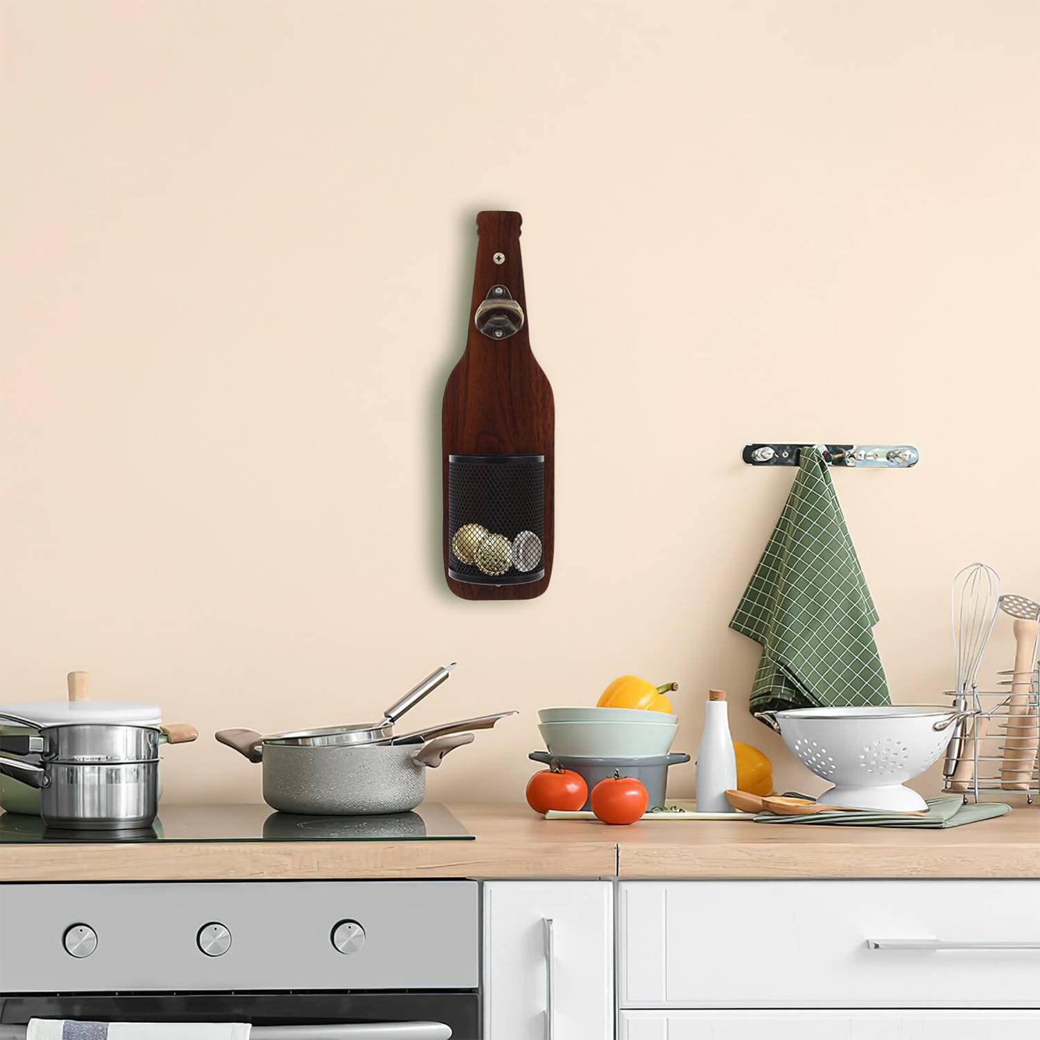 Wooden Bottle Opener Wall Mounted W/ Cap Catcher 6