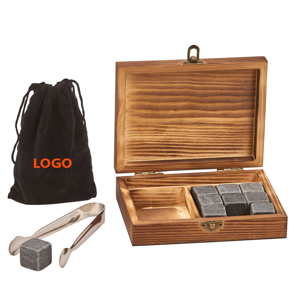 Wood Box w/9 Whiskey Stones, Stainless Steel Tongs & Pouch 2