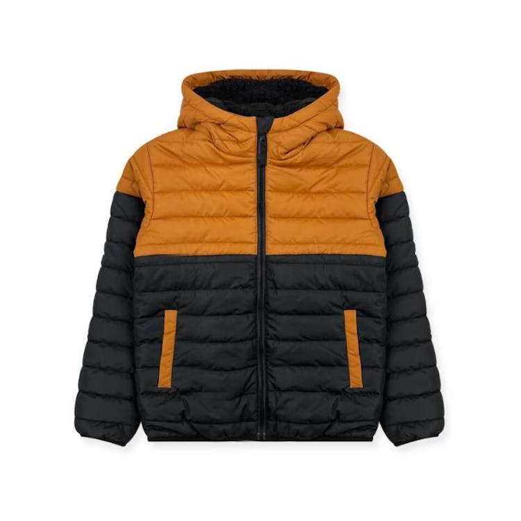 Boys' Hooded Sherpa Lined Colorblock Jacket Camel 2T-4T 1