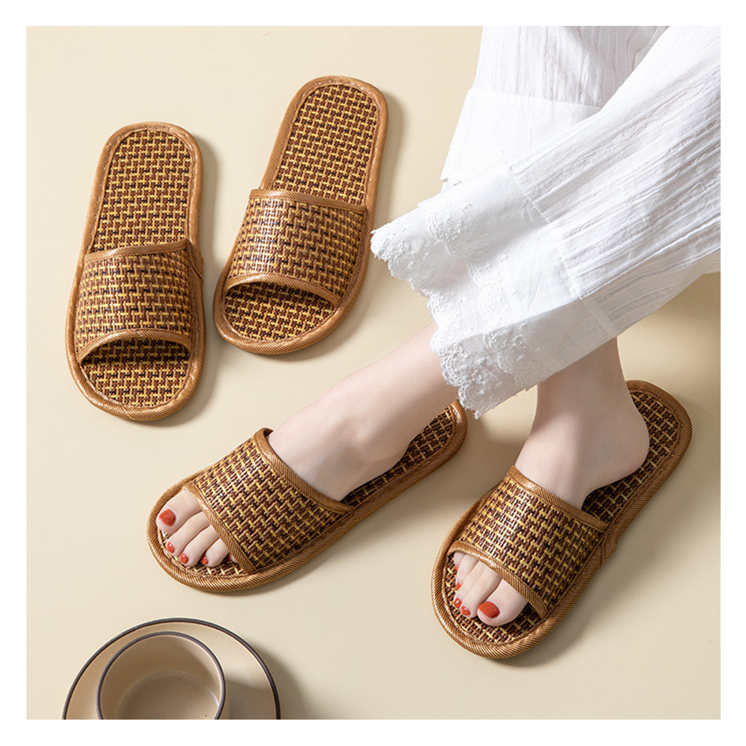 Straw Woven Bamboo Cane Linen Slippers 6