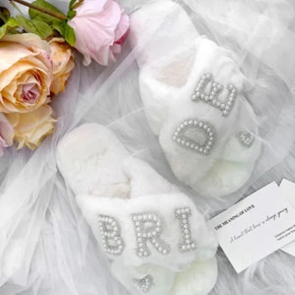 Customization Logo Pearl Warm Plush Slippers for Brides, custom women's shirt with logo imprint 2