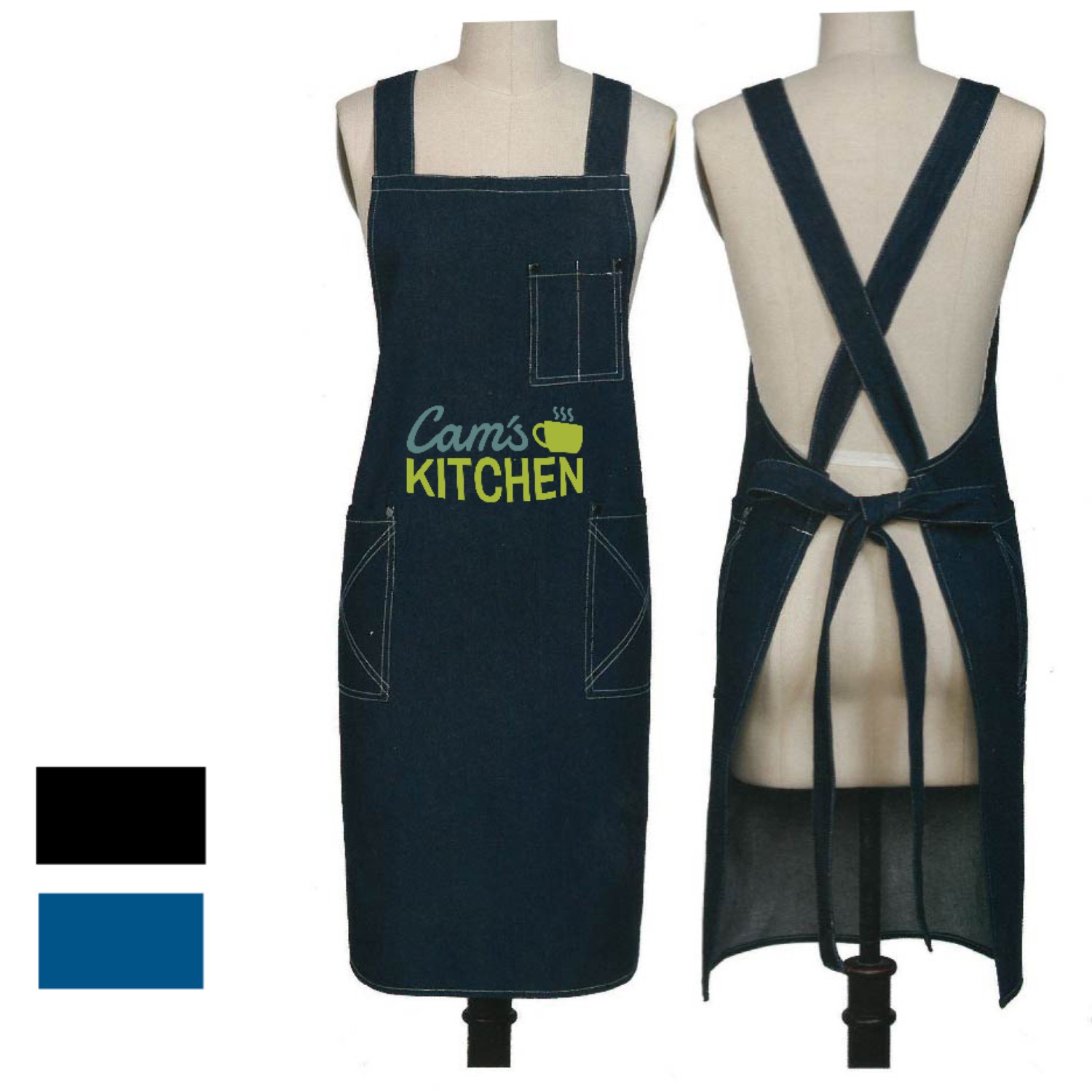 Cotton Denim Kitchen Aprons w/ Cross Strap & 3 pockets 2