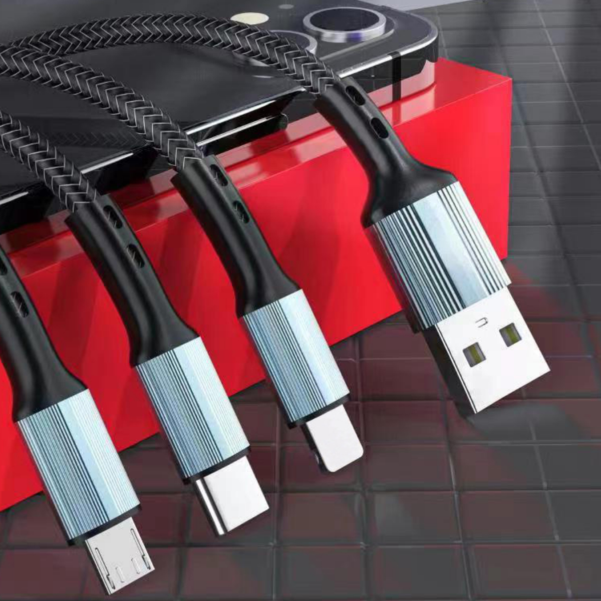 3-in-1 Braided Charging Cable W/ USB-A and Multi Connectors 2