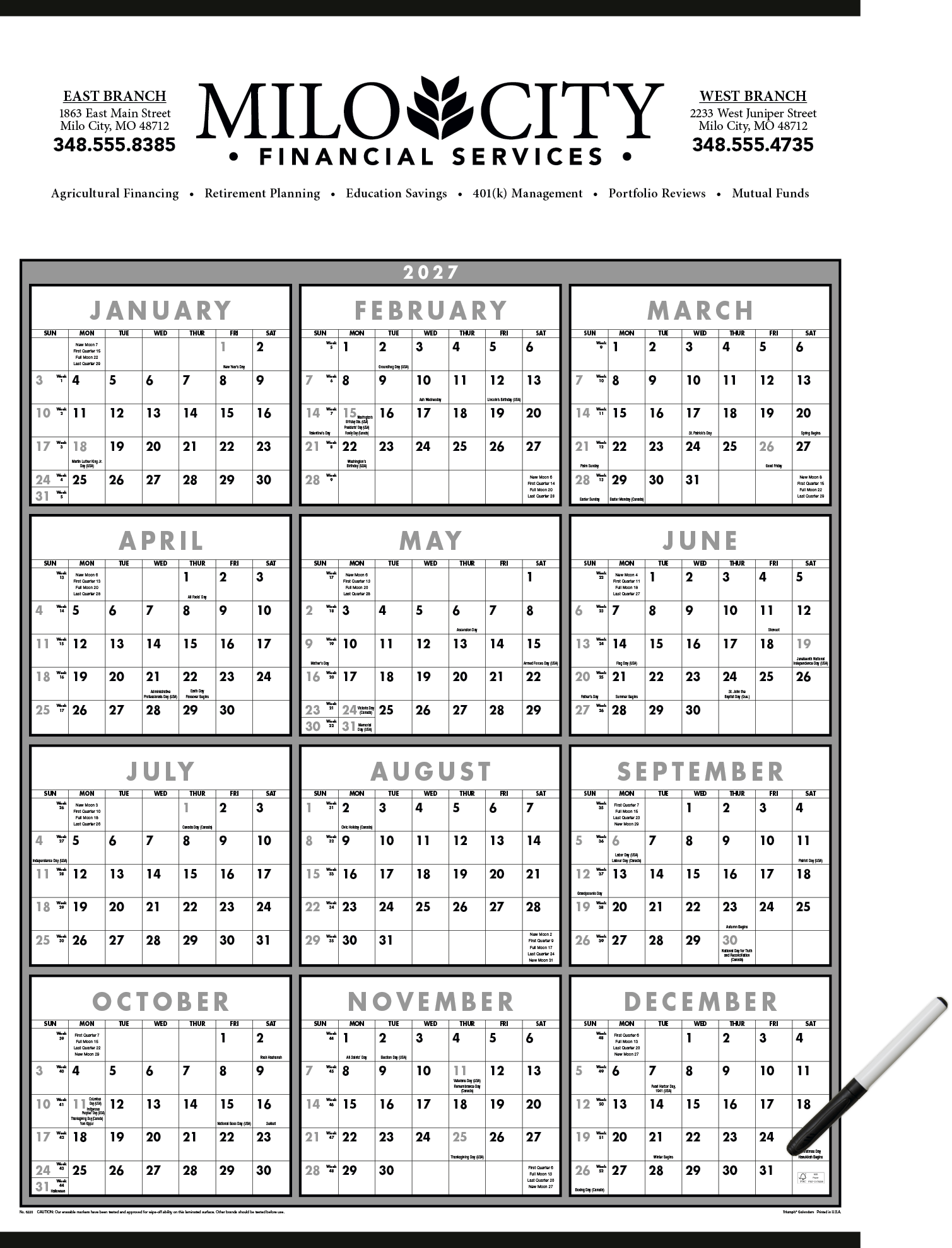 Triumph® Calendars Black & White Span-A-Year Laminated w/Marker Calendar 7