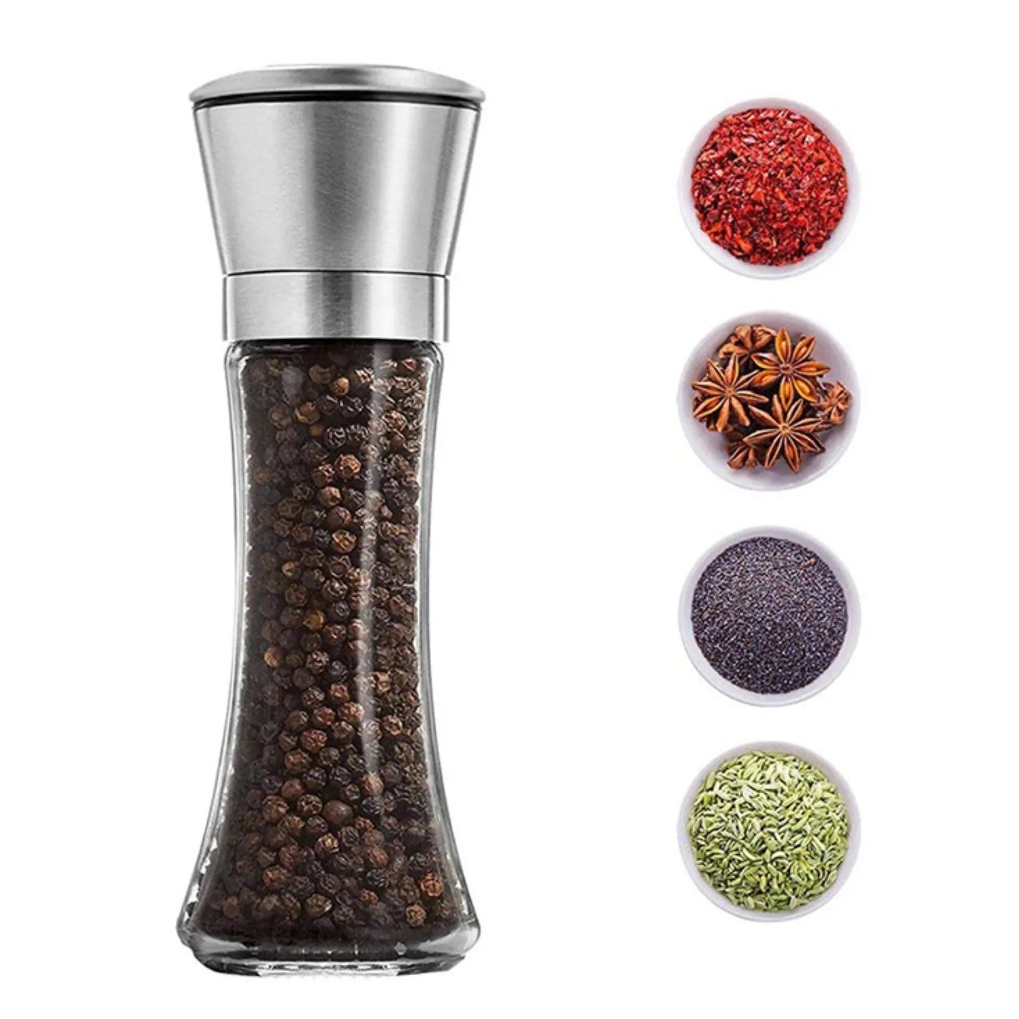 6.5oz Adjustable Salt Pepper Manual Spice Grinder Glass Jar 6