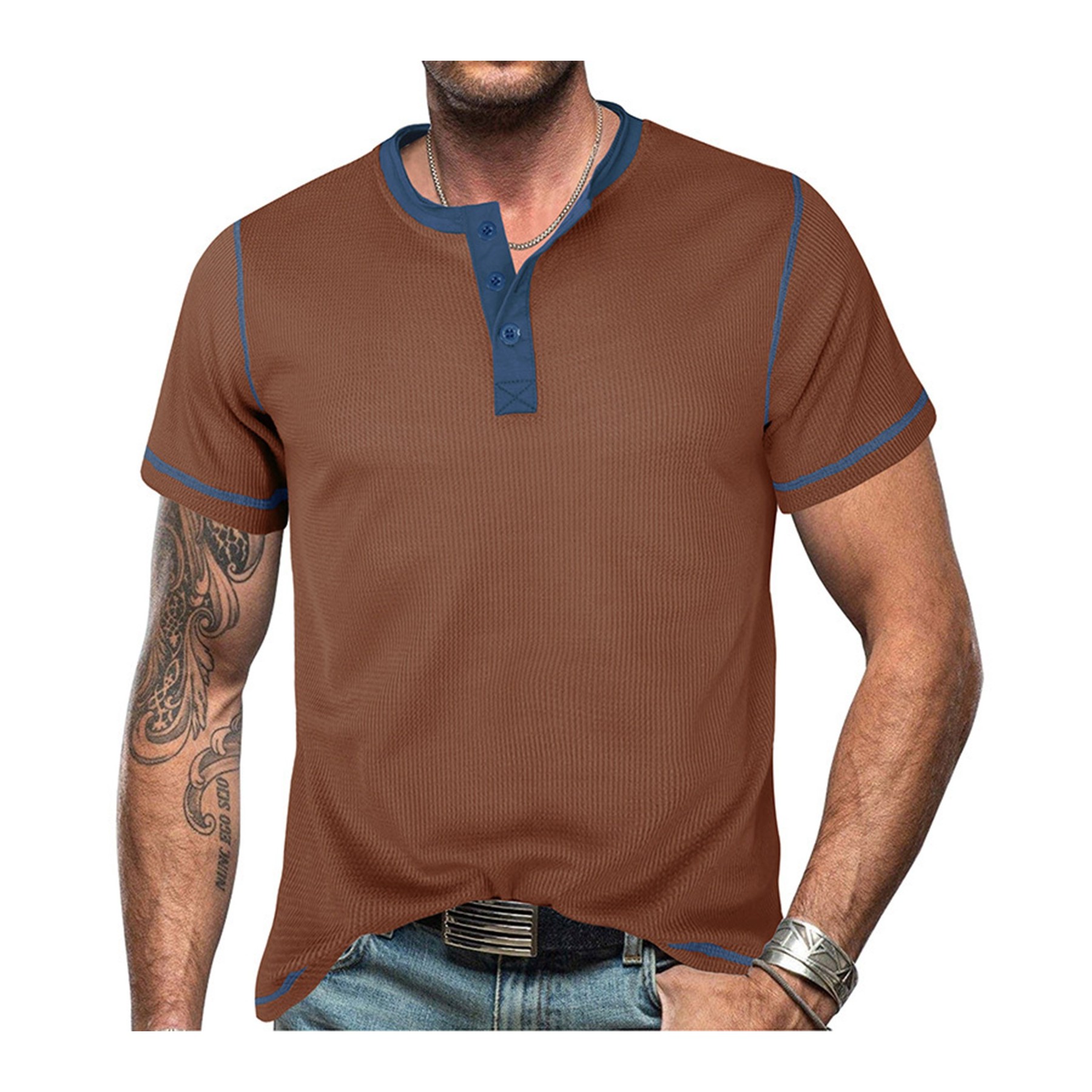 Summer Retro Waffle Color Block Henry T-shirt 2