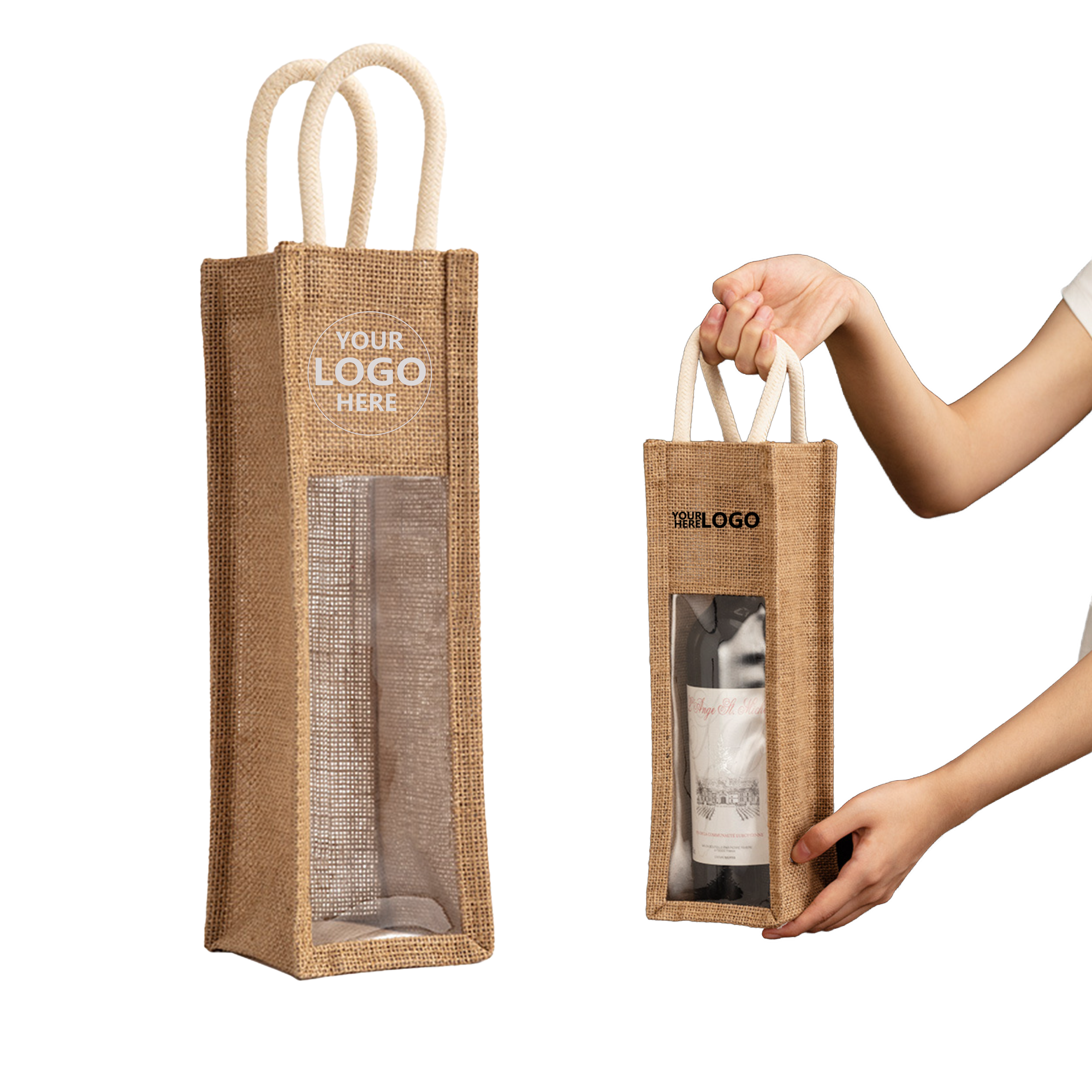 Jute Transparent Single-Bottle Wine Tote Bag 2