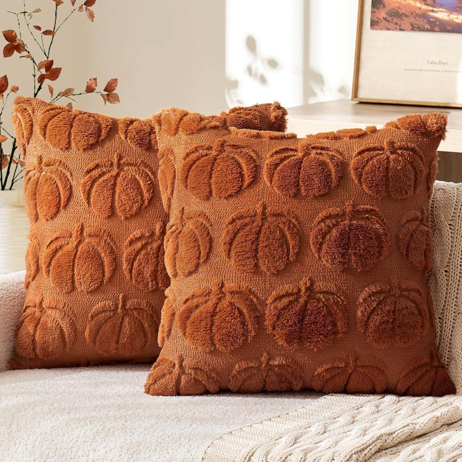 Throw Pillow Covers Pumpkin Fall Decorative Soft Fur 6