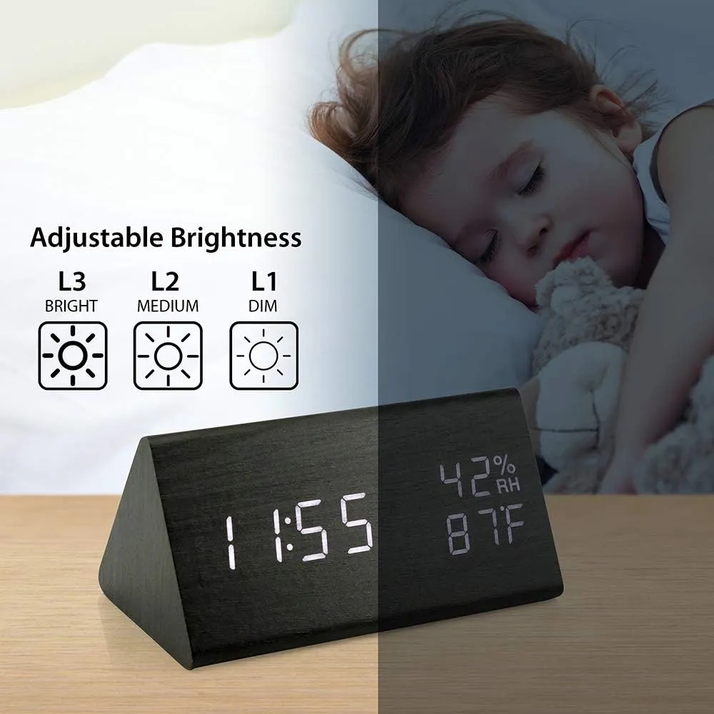 Wooden LED Alarm Clock With Voice Control And Temp Display 5