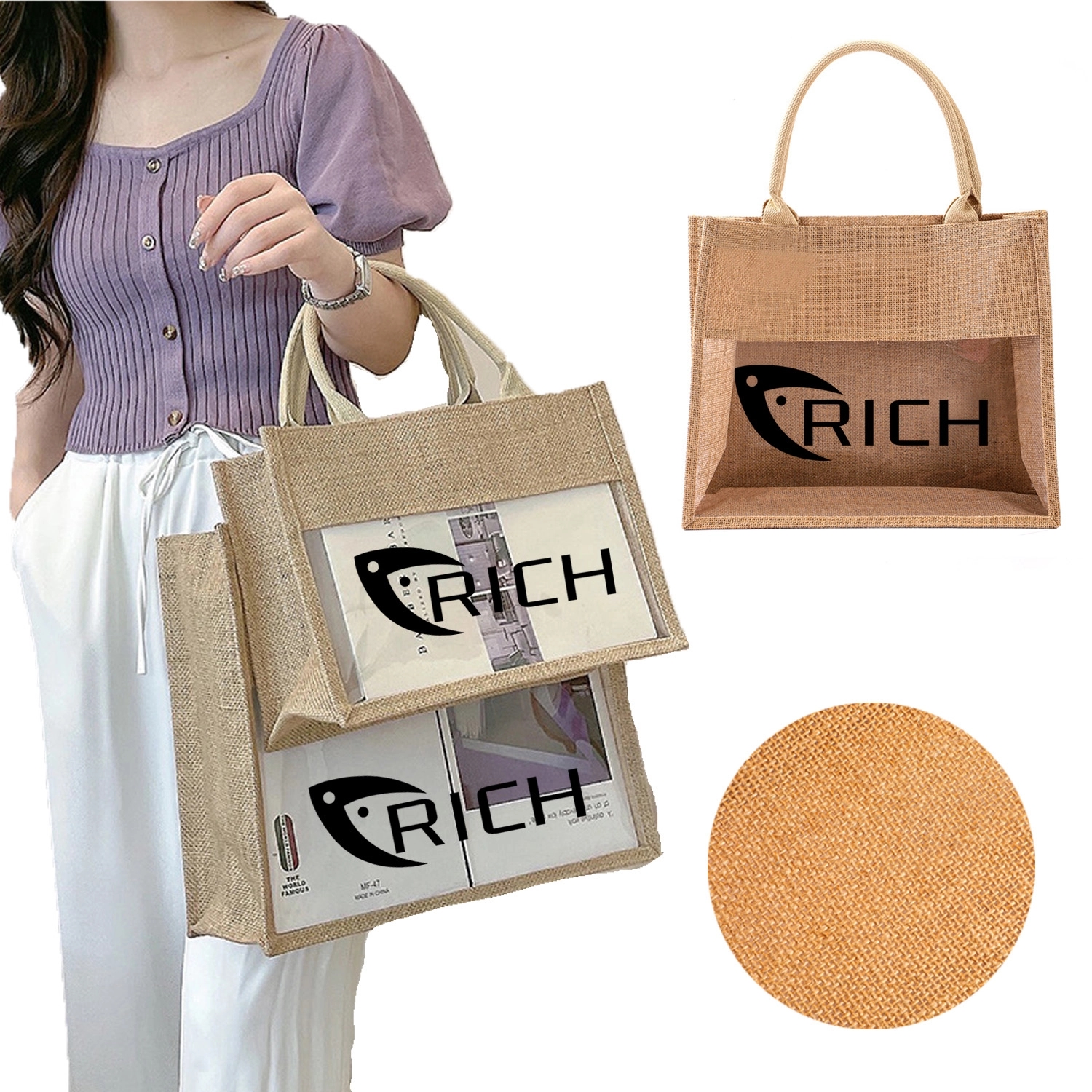 Jute Tote Bag With Transparent Window, custom tote bag with logo imprint 2
