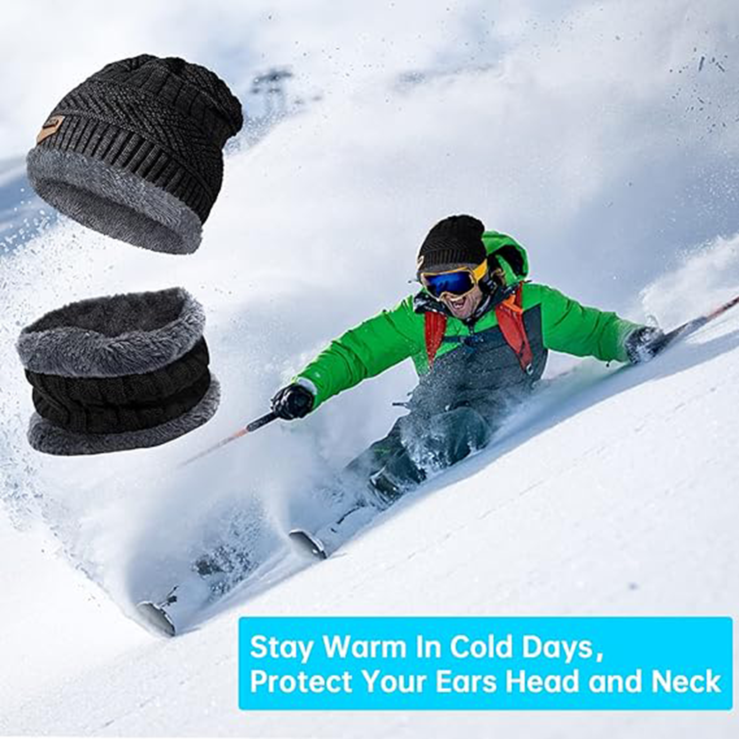 Mens Womens Winter Knit Thick Fleece Hats Scarf Set 3