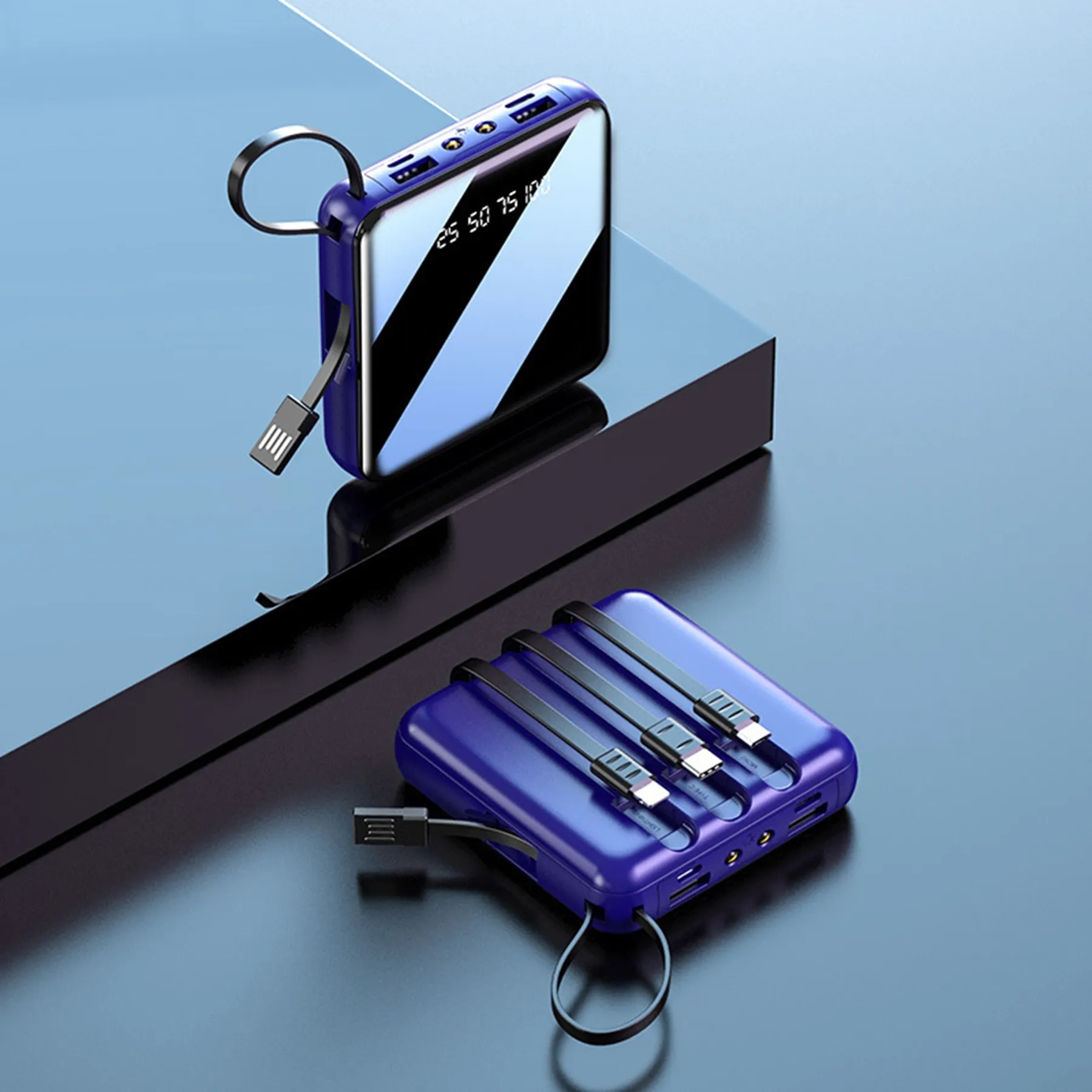 10000 mAh Square Mirror Power Bank with Built-in Cable 1