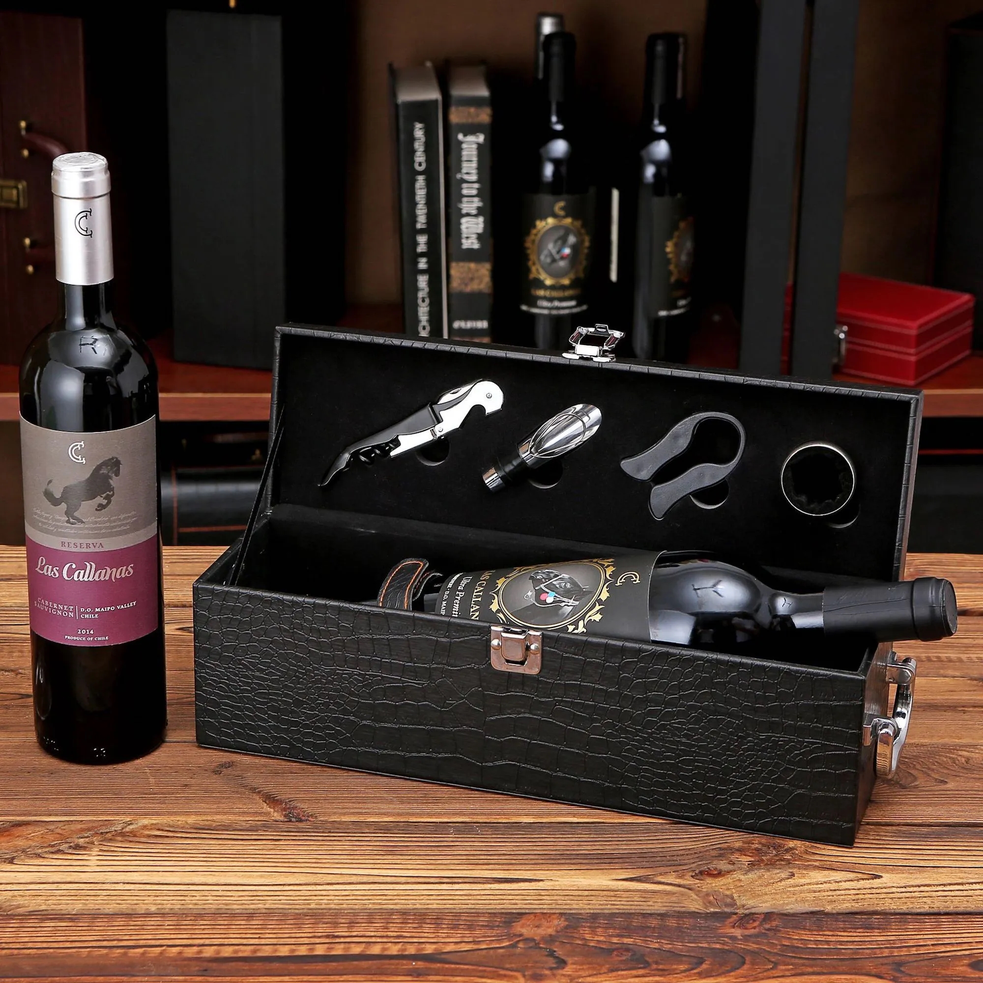 Leather Wine Case Gift Box with 4 Set Accessories 7