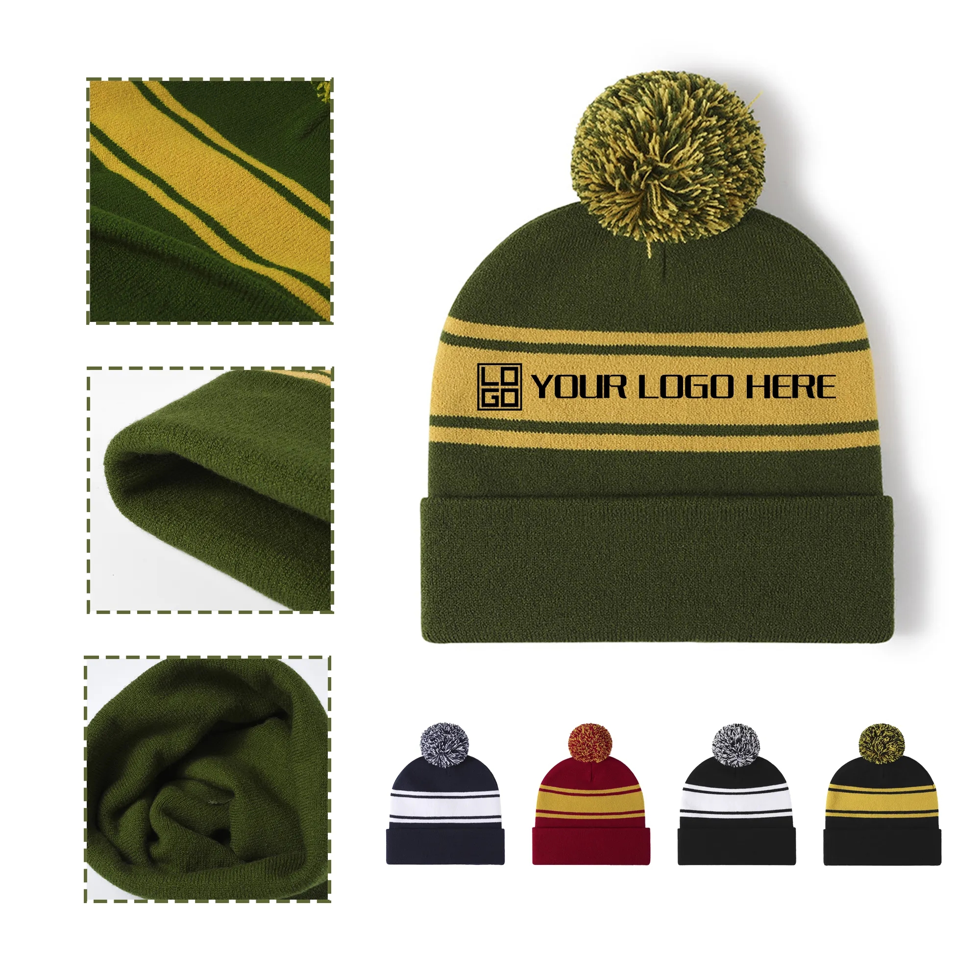 Two-tone Knit Pom Beanie With Cuff