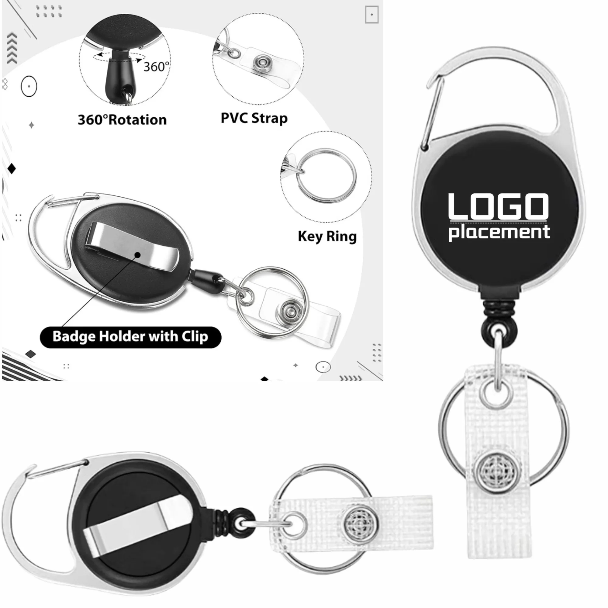 Rotating Retractable Badge Reel: Custom Logo, Black