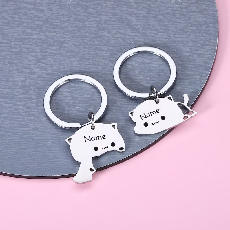 Adorable Cat-Themed Stainless Steel Keychains - Personalized Couple's Charm 1
