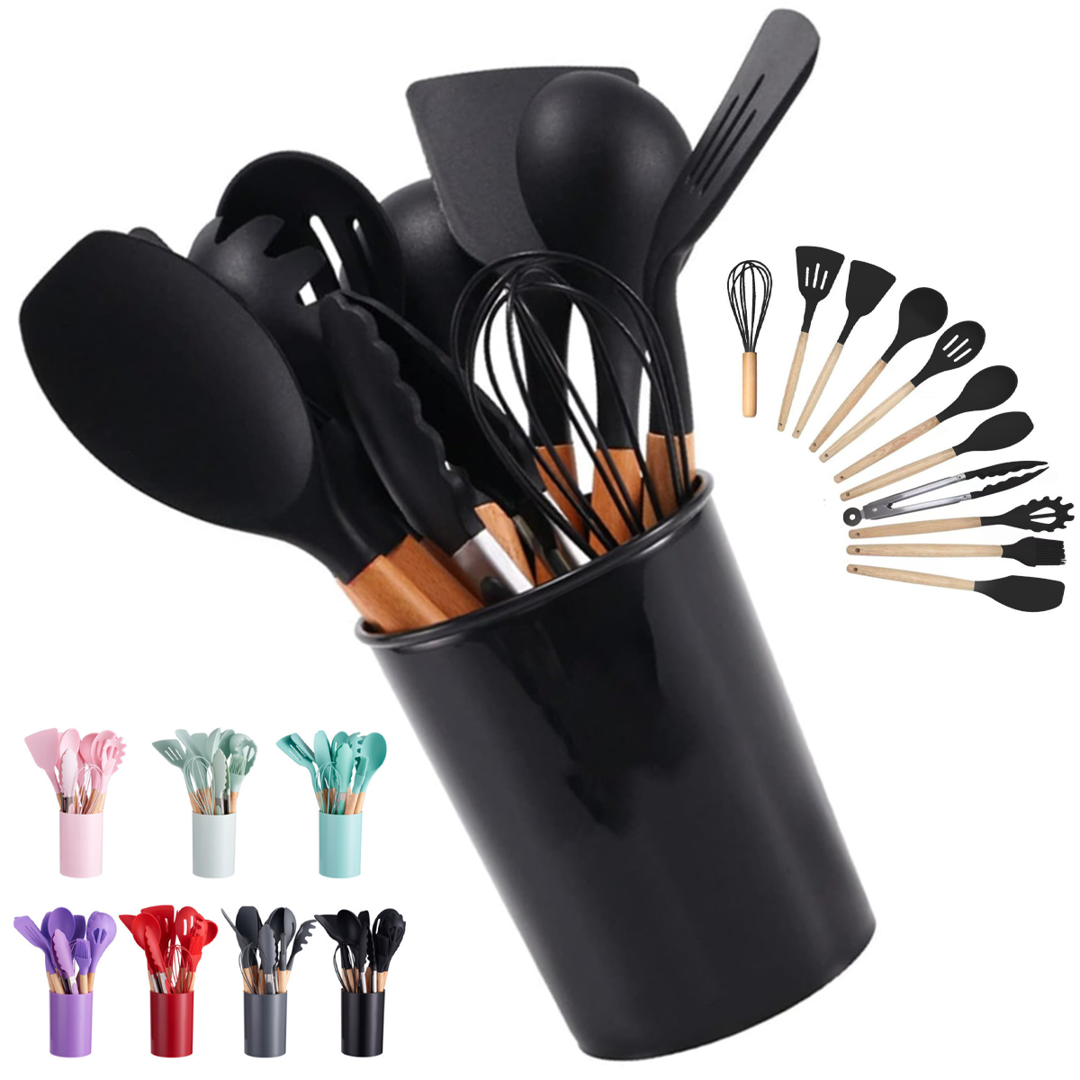 12-Piece Silicone Kitchen Utensil Set with Wood Handles 10