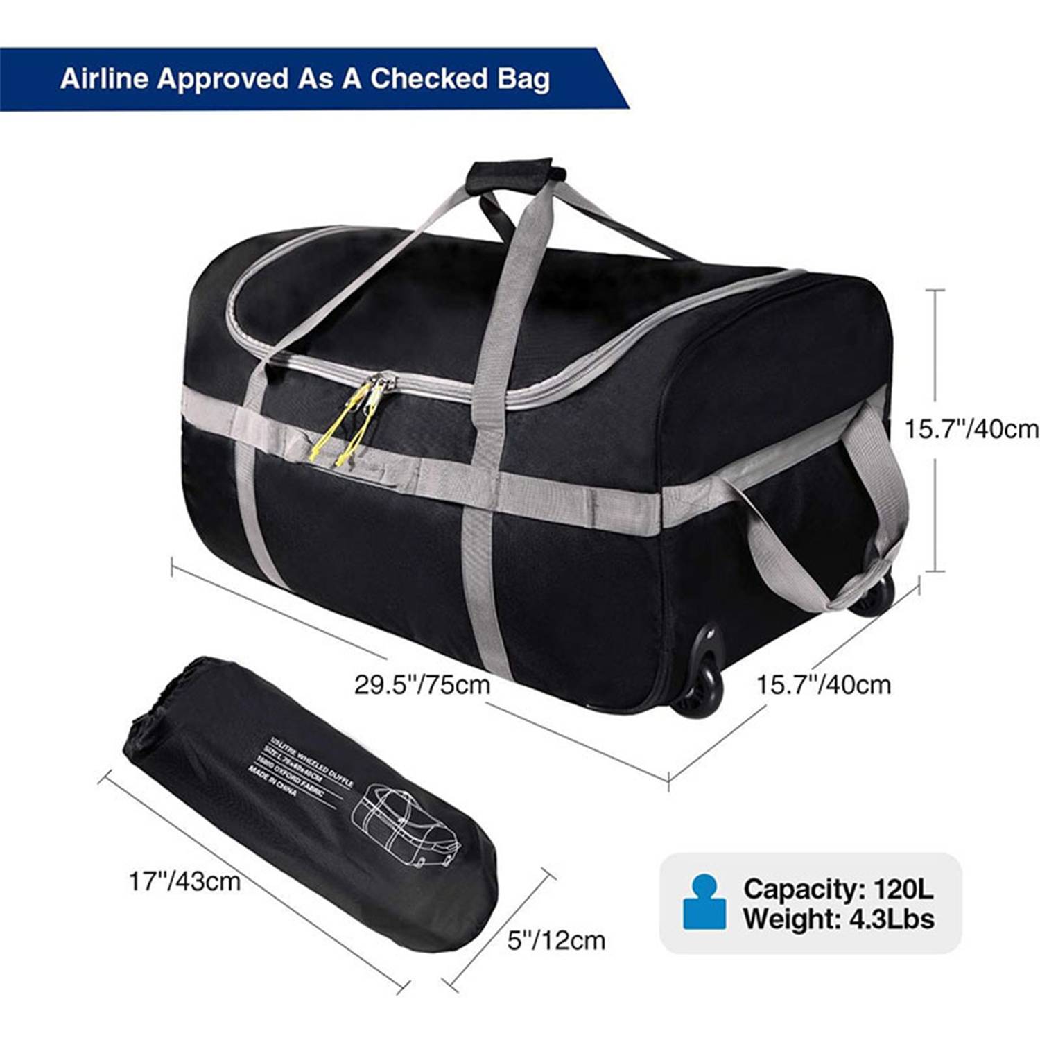 120L Foldable Large Capacity Duffle Bag w/ Wheels 2