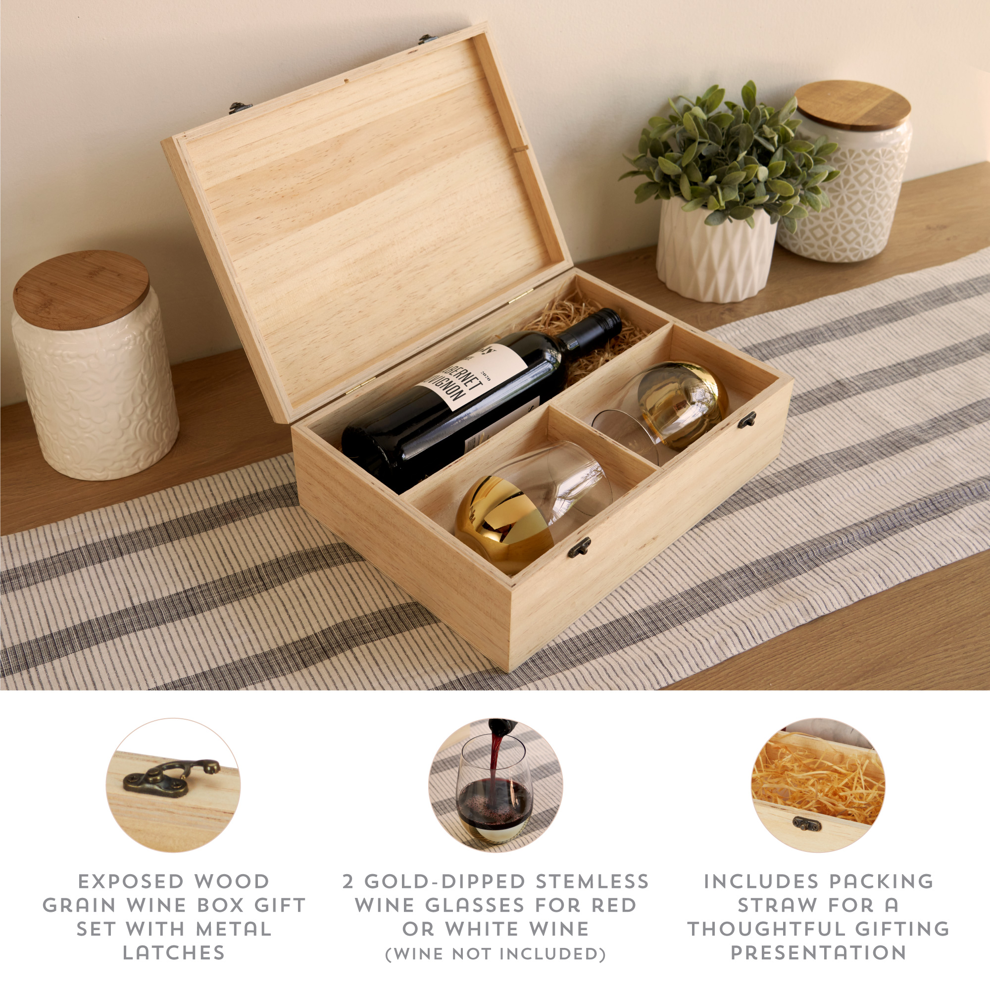 Twine Living® Wood Wine Box and Stemless Glass Set 9