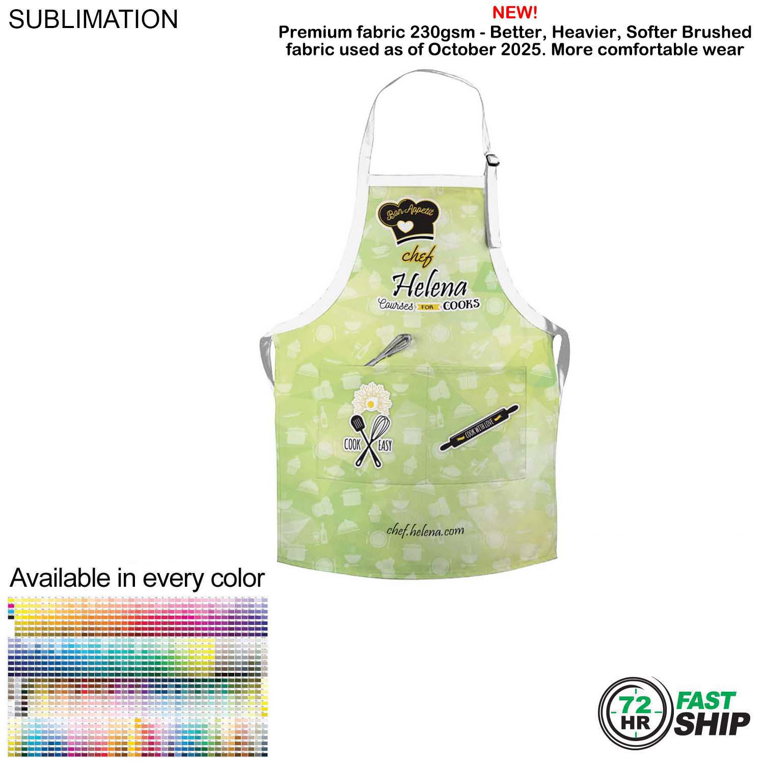 72 Hr Fast Ship - Domestic made Bib Apron, 25x28, 2 Pockets, Adjustable Neck, Sublimated