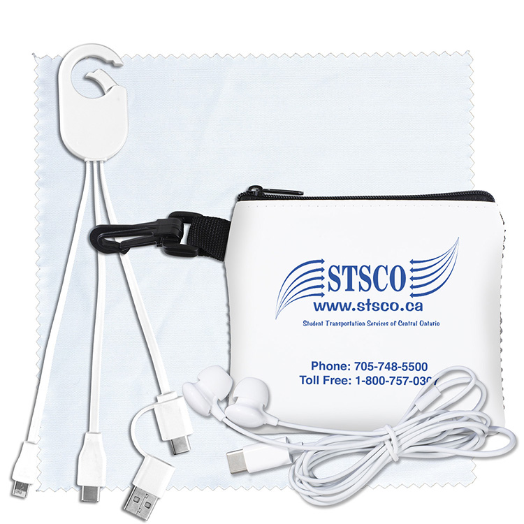 "TechMesh Hang Pro" Mobile Tech Charging Cable Kit in Mesh Zipper Pouch Components inserted into Zip 4