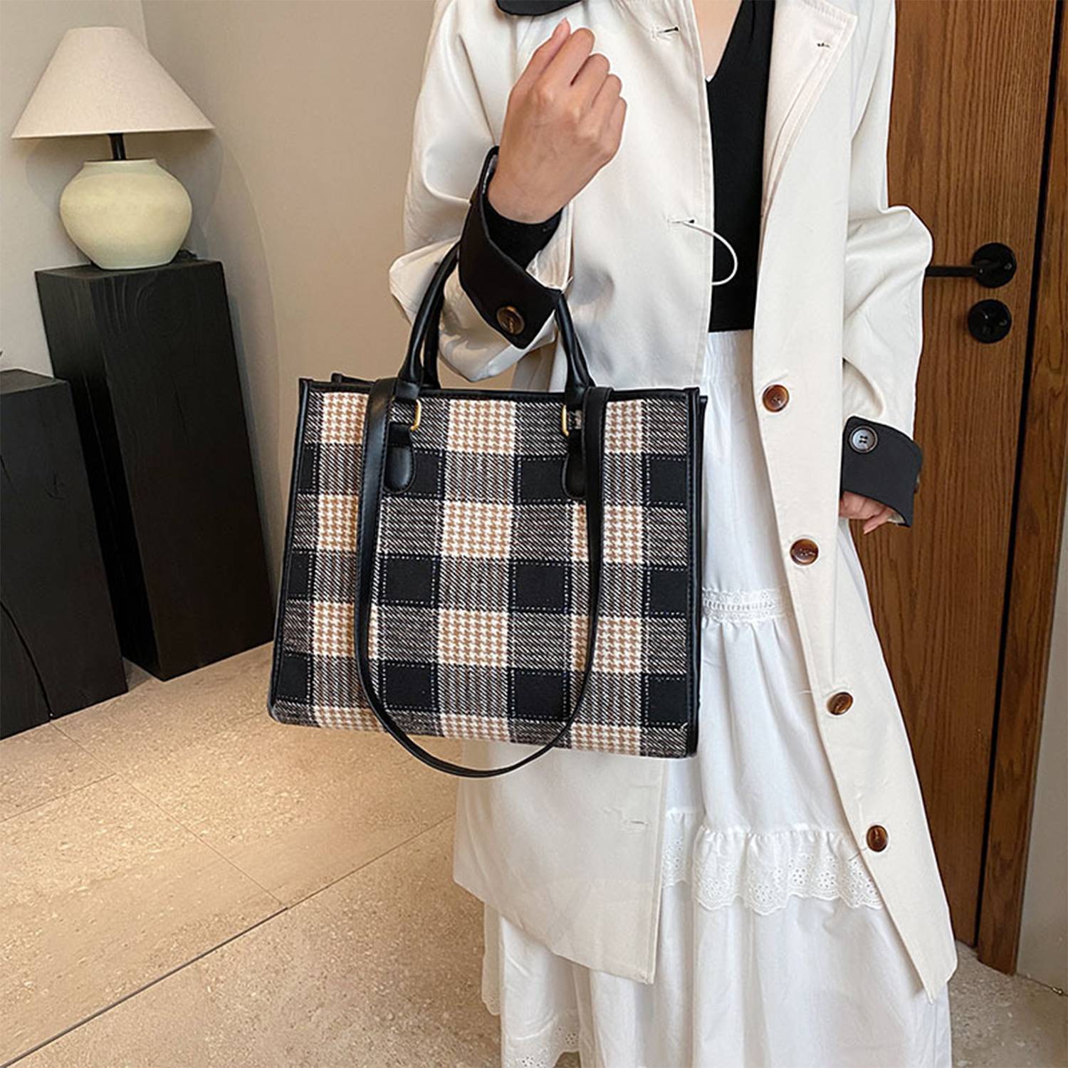 Canvas Crossbody Bag Fashion Checkered Tote for Women 4