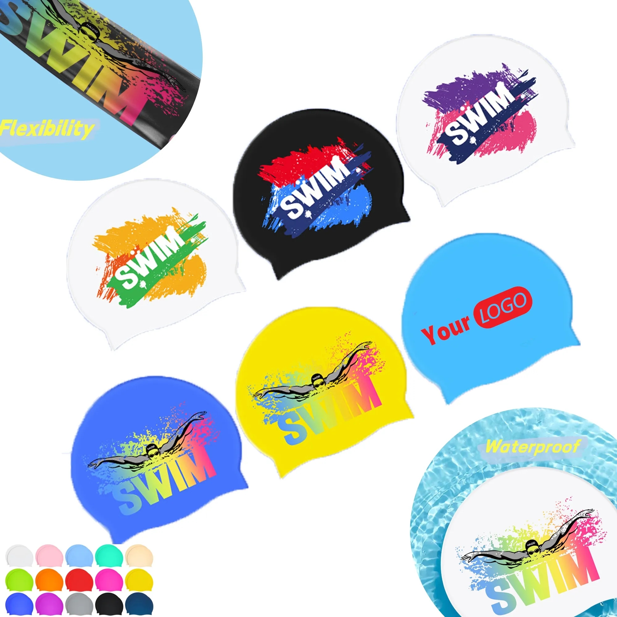 Custom Full Color Logo Silicone Swim Cap Swimming Shower Hat 2