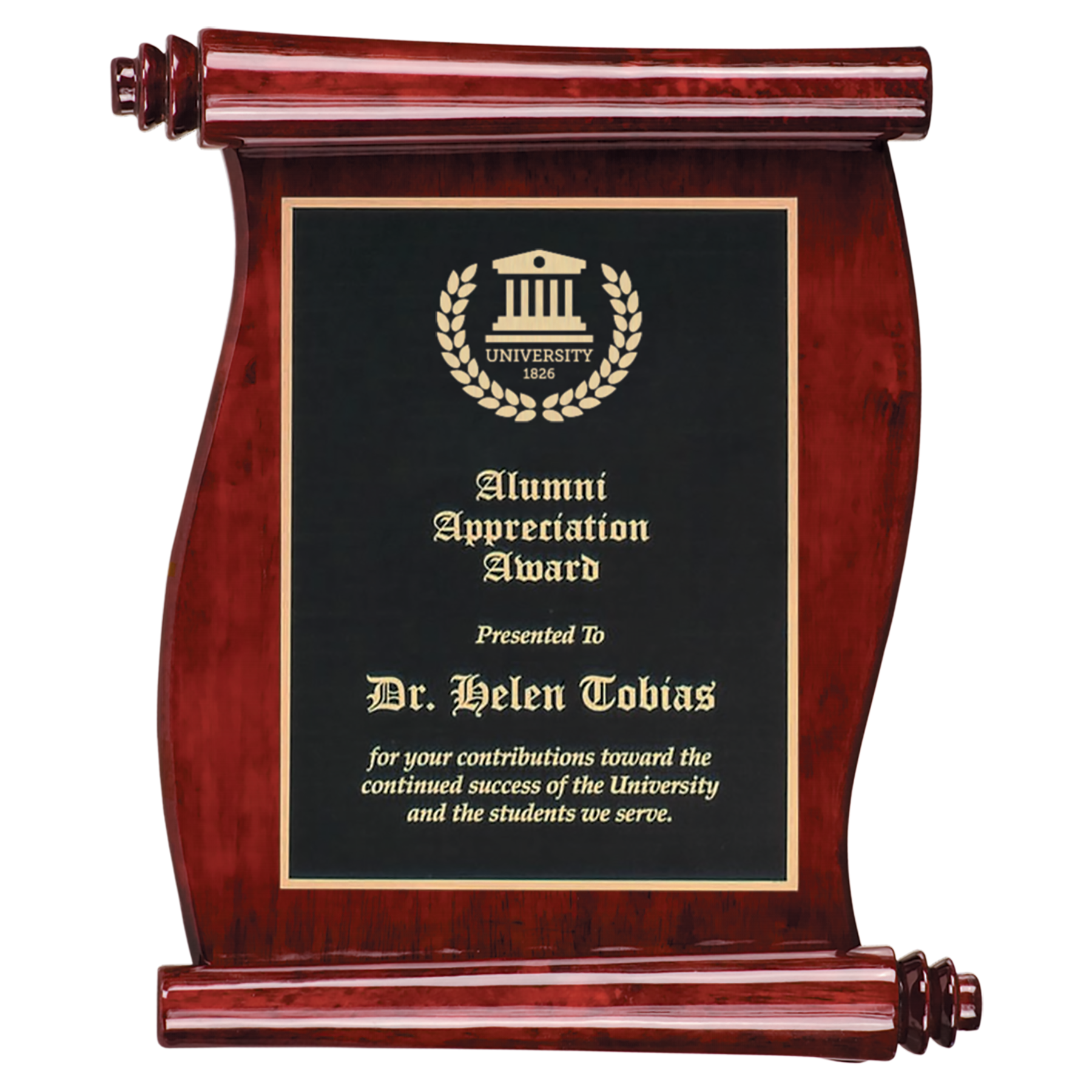 Rosewood Finish Scroll Plaque with Black and Gold Plate 4