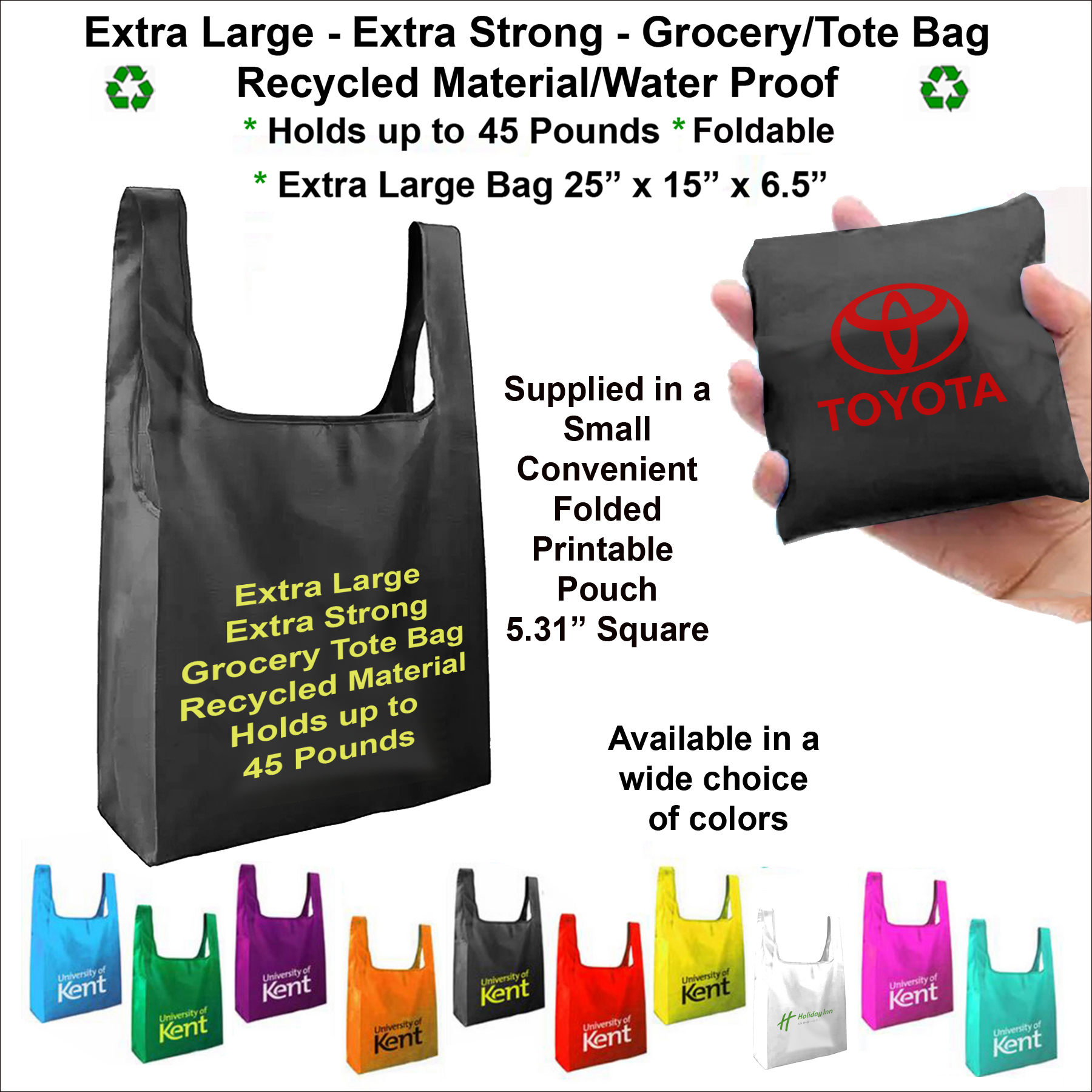 Super Strong Long Life Jumbo Grocery Tote Bag, Holds up to 45 pounds, Water Proof, Recycled Material