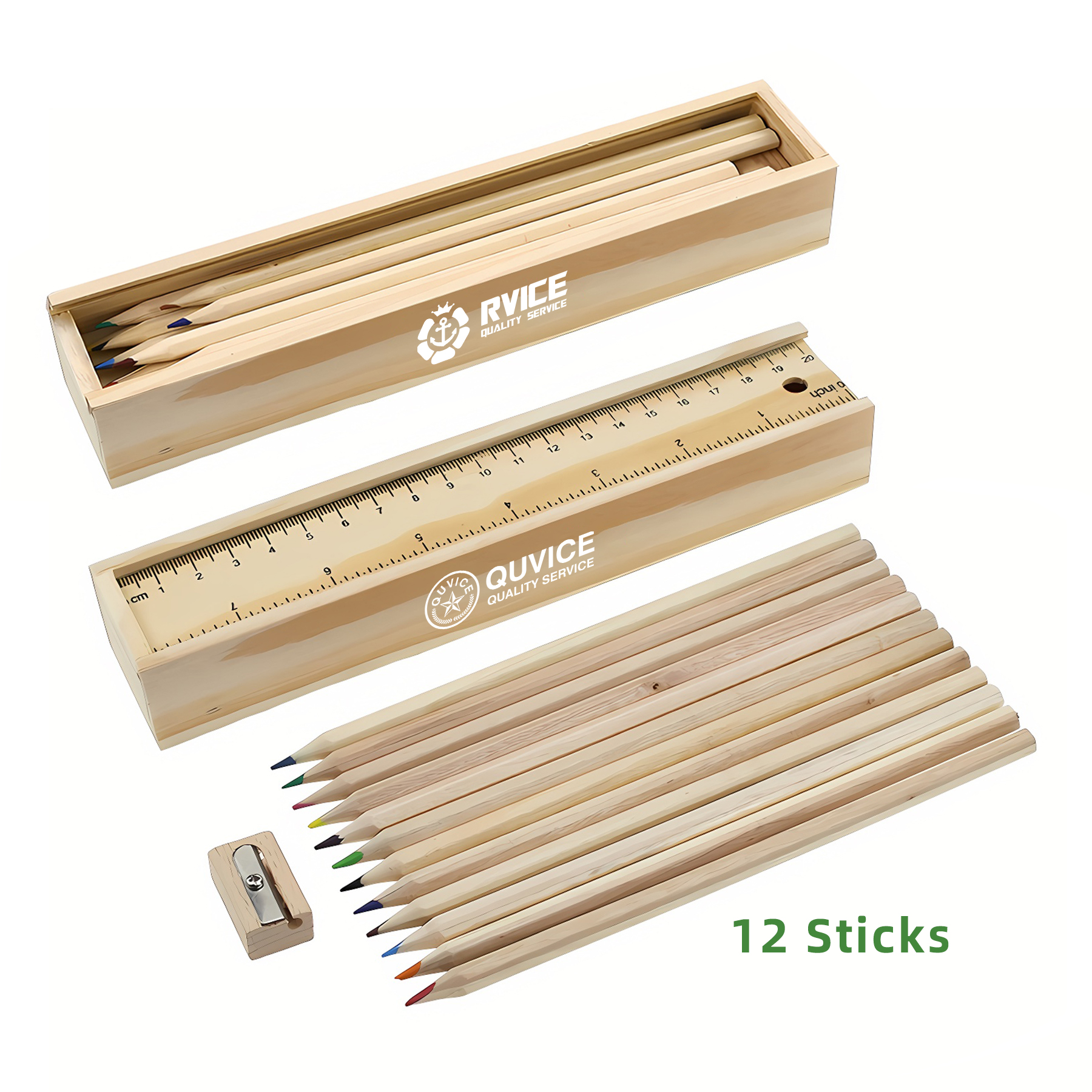 Pull-Out Wooden 12-Color Pencil Ruler case Set W/ Sharpener 1