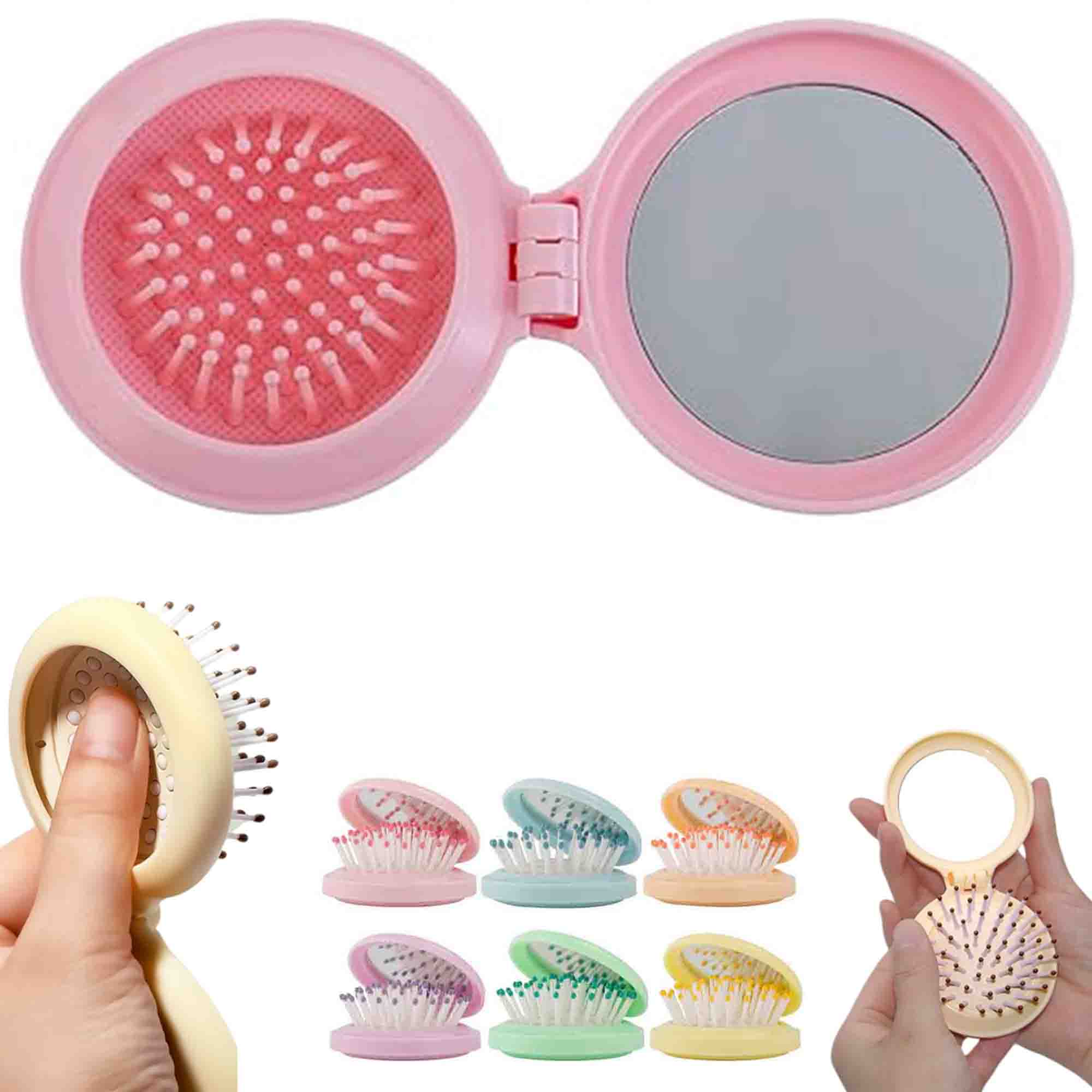 Folding Portable Travel Round Wet Dry Hair Brush with Mirror 1