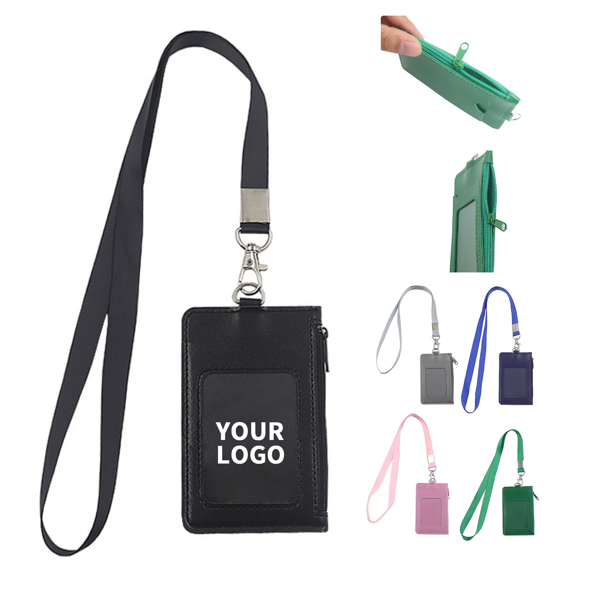 Polyurethane Leather Zipper Card Holder With Lanyard 2