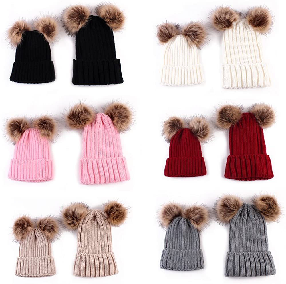 2PC Parent Kid Matching Beanie with Pom-pom 2