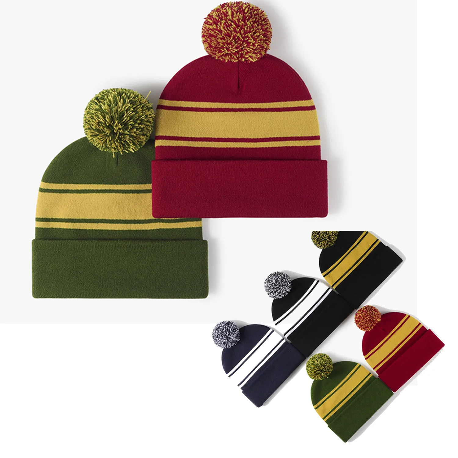 Two-Tone Knit Pom Beanie With Cuff 1