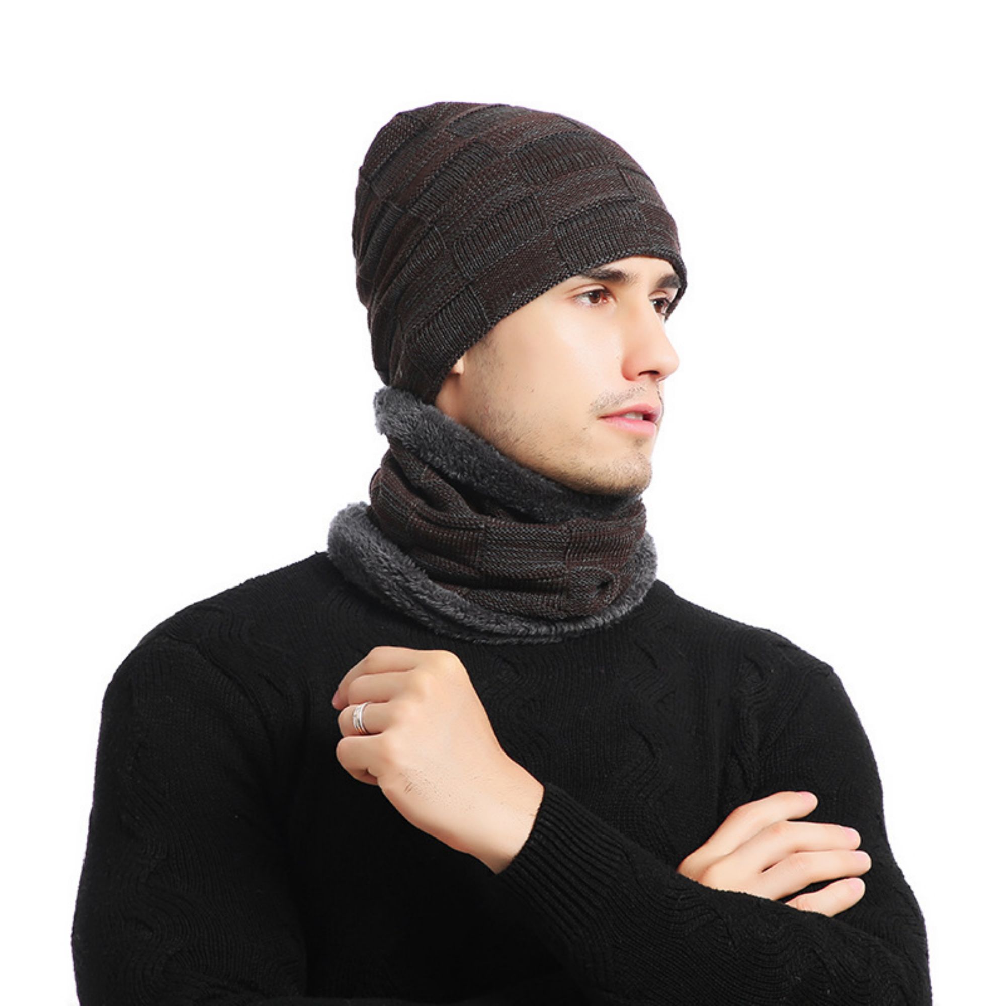 Men's Knitted Beanie Hat With Scarf Set 3