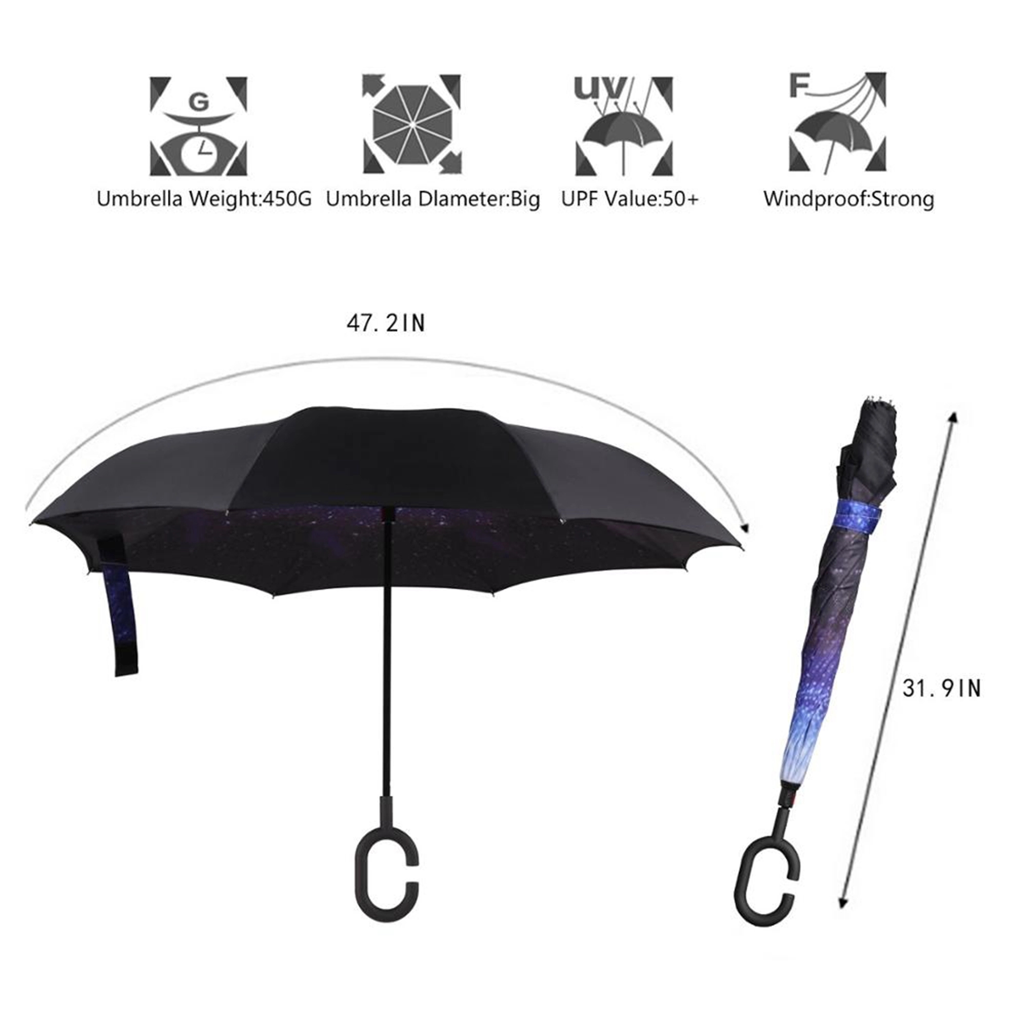 Reverse open windproof umbrella with C-handle 4