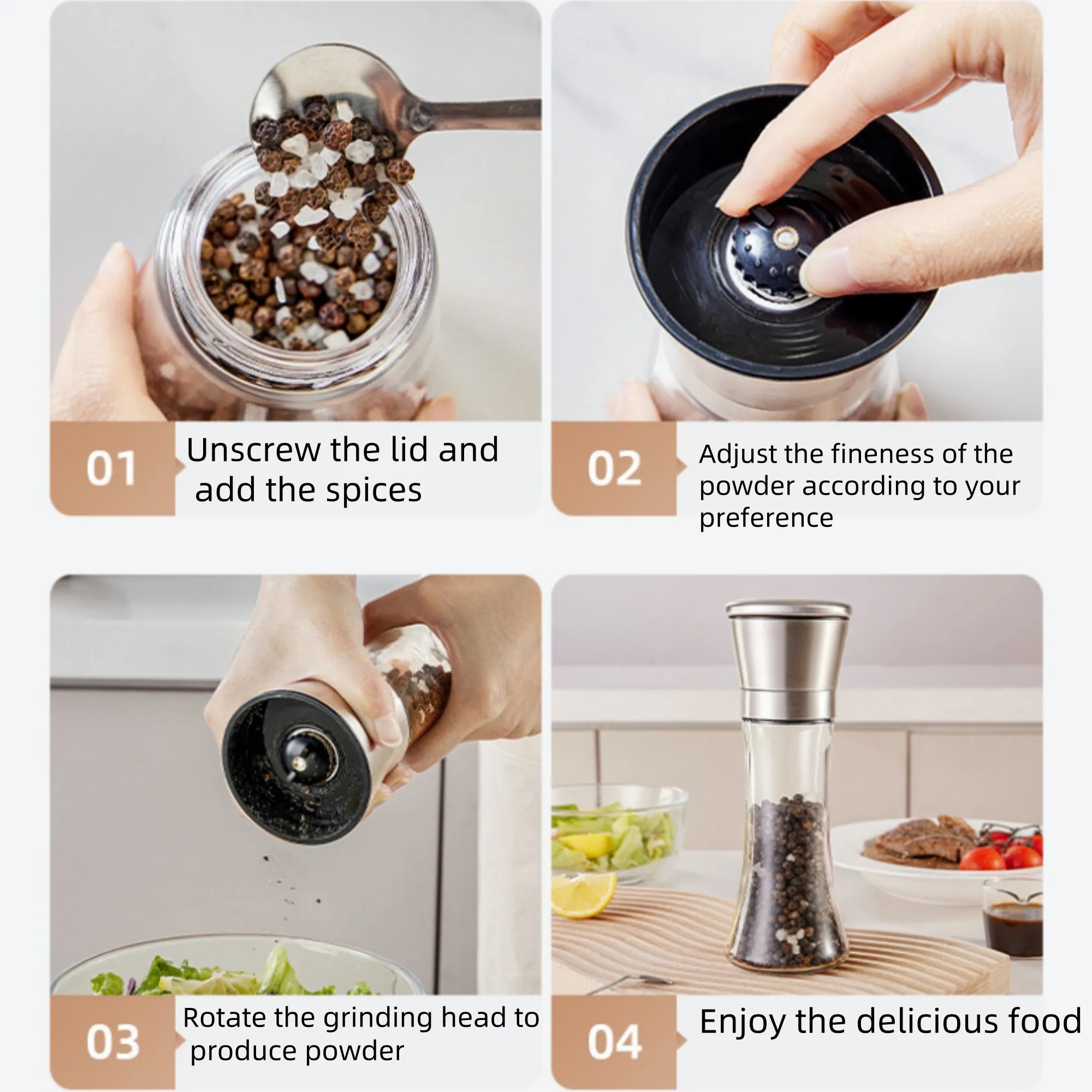 6.5oz Adjustable Salt Pepper Manual Spice Grinder Glass Jar 5