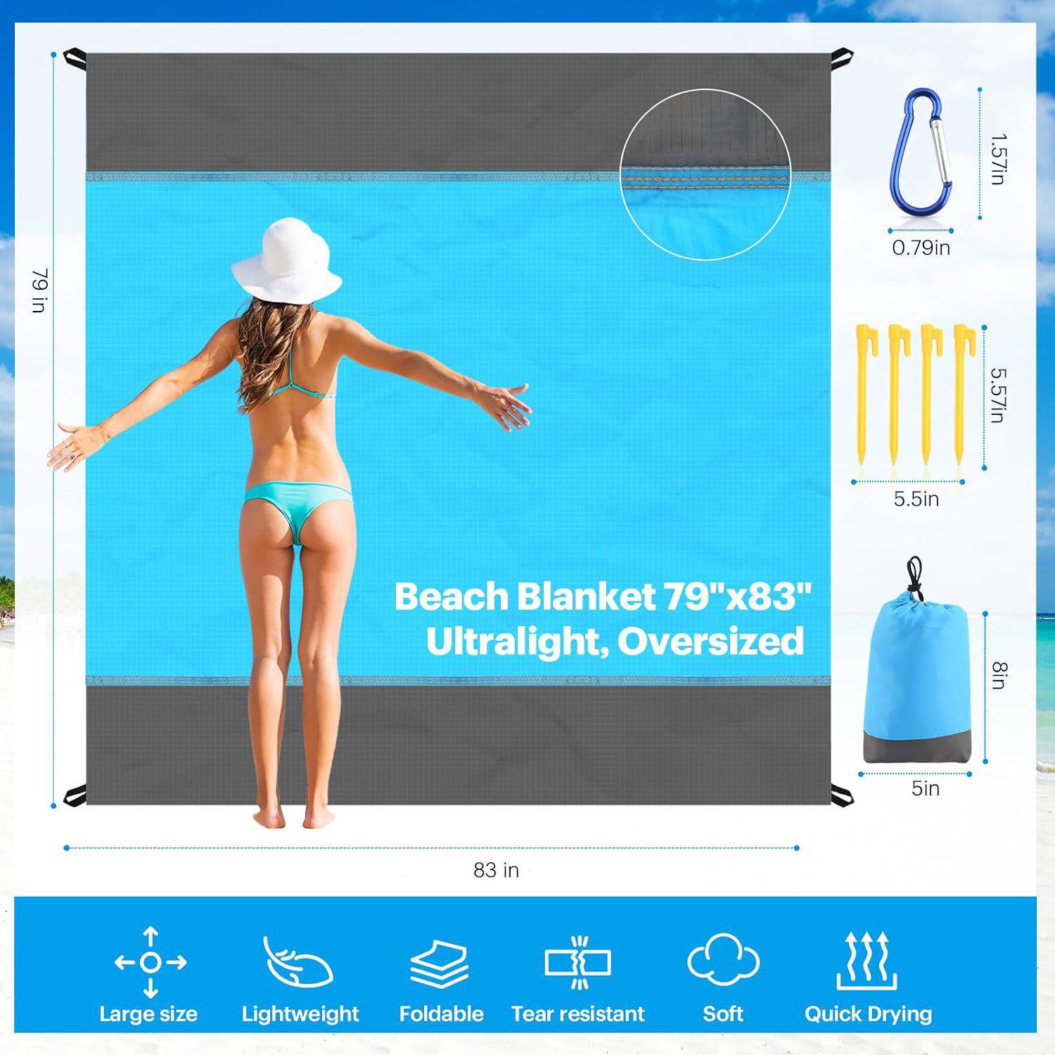 Foldable Waterproof Sandproof Beach Mat w/ 4 Stakes 11