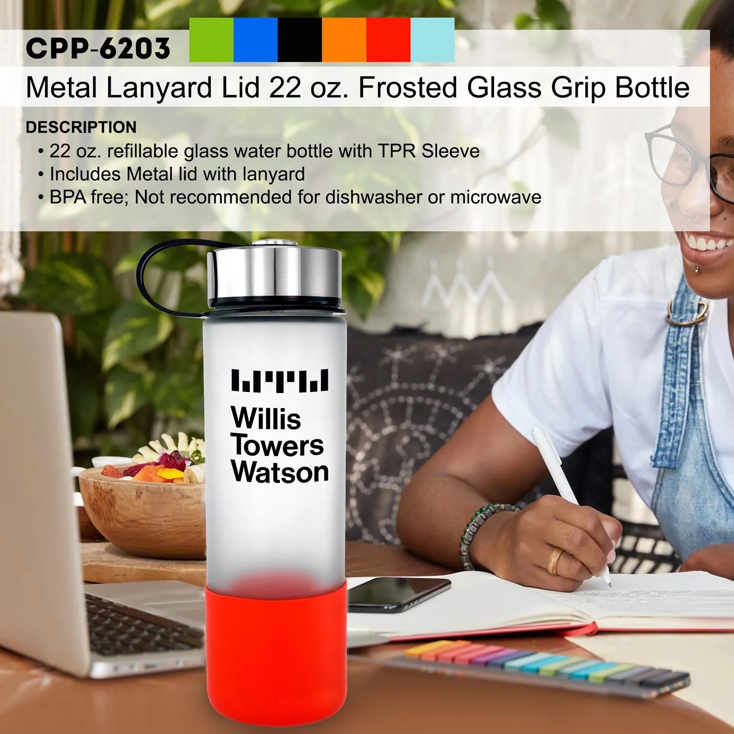 Metal Lanyard Lid 22 oz. Frosted Glass Grip Bottle 2