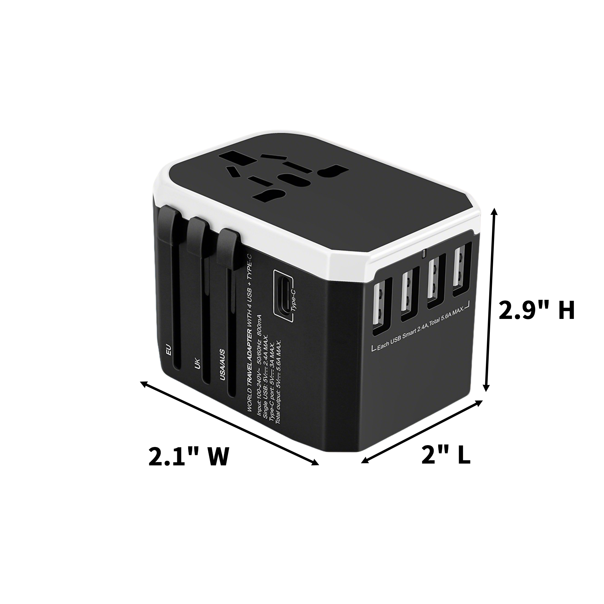 All In One Global Travel Adapter With USB C 2" x 2.1" x 2.9" 6