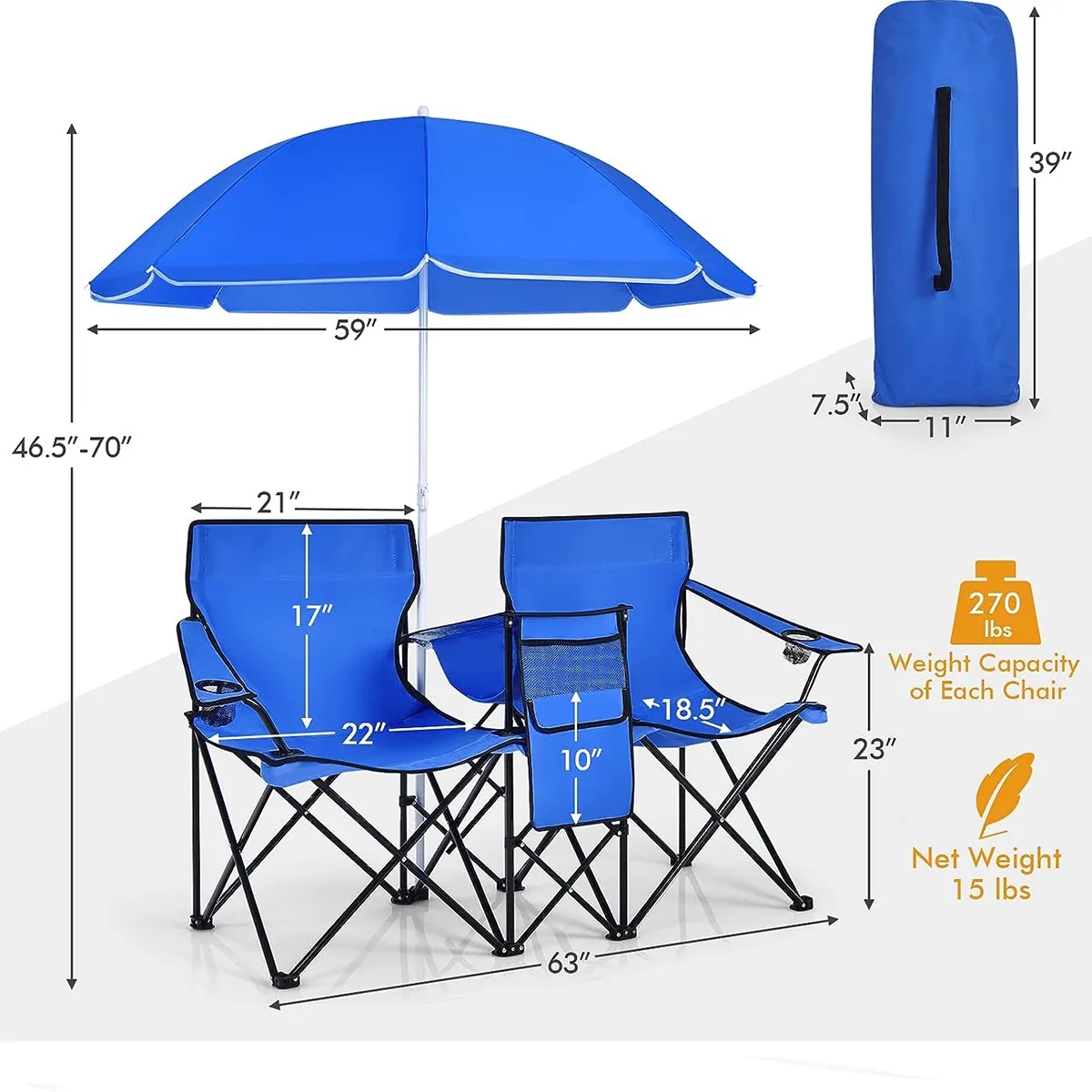 Folding Camping Chairs w/Removable Umbrella and Cooler Bag 3