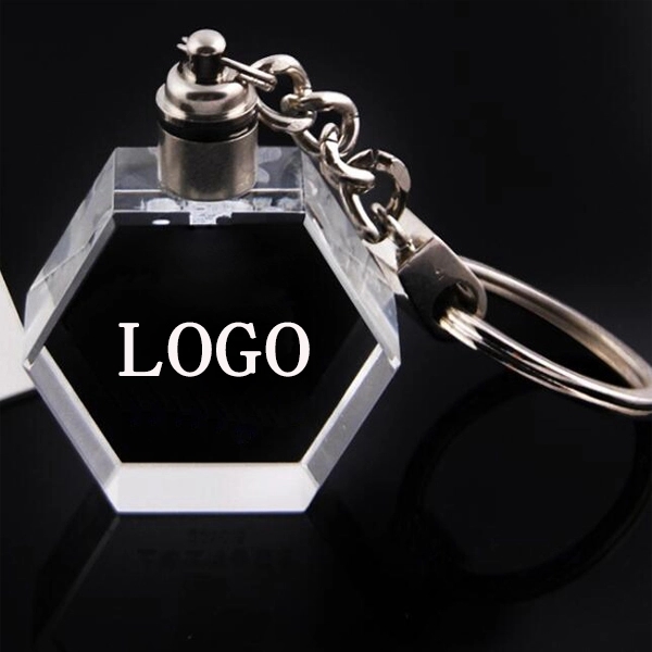 LED Light Hexagon Shaped Crystal Key Chain 3