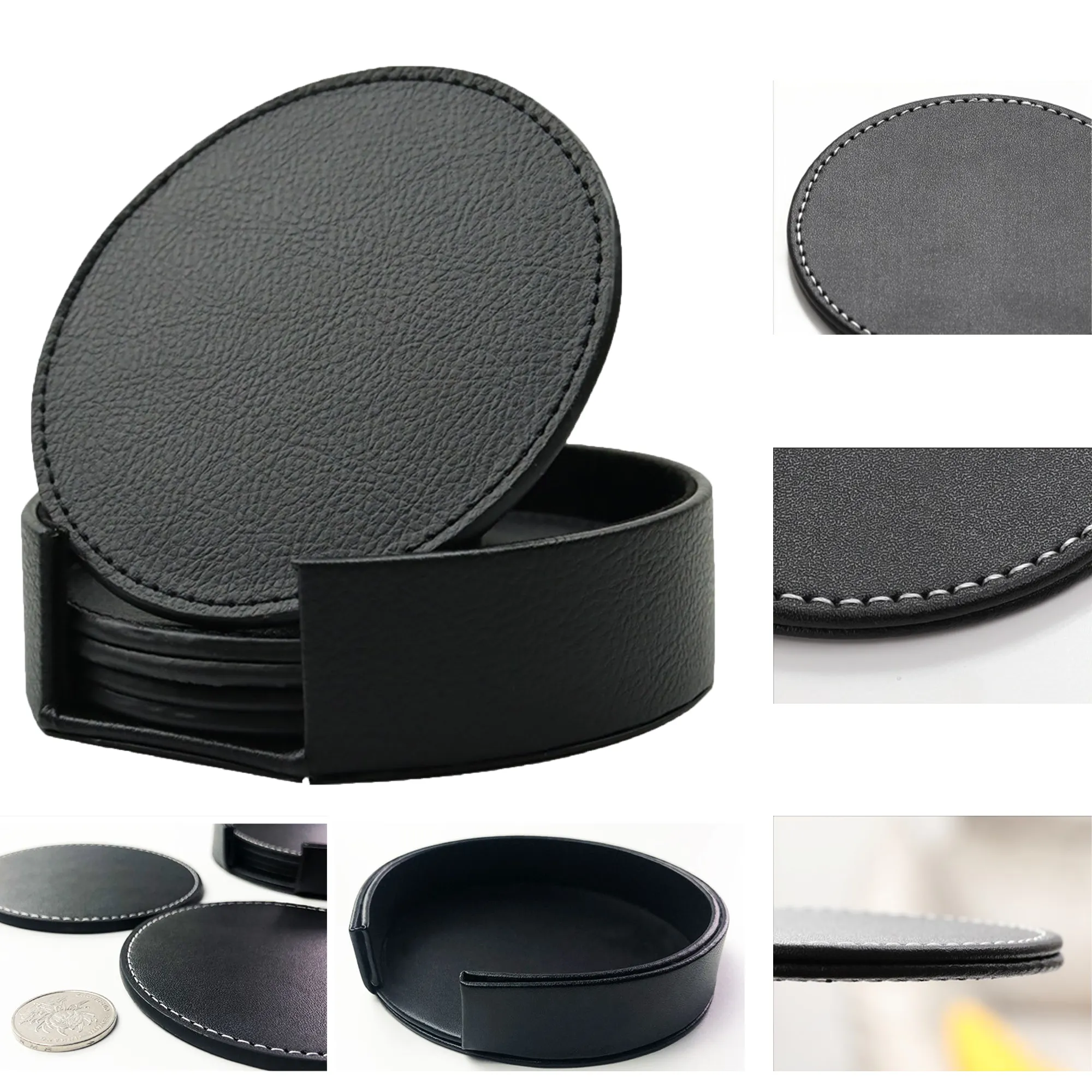 Set of 6 Round PU Leather Coasters 5
