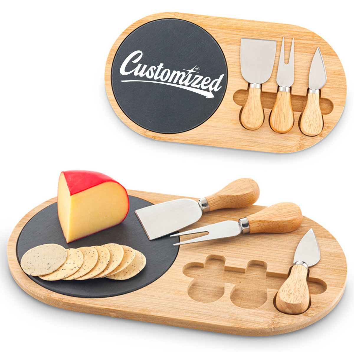 Bamboo Cheese Board Set W/ Slate Plate and 3 Cheese Knives 3